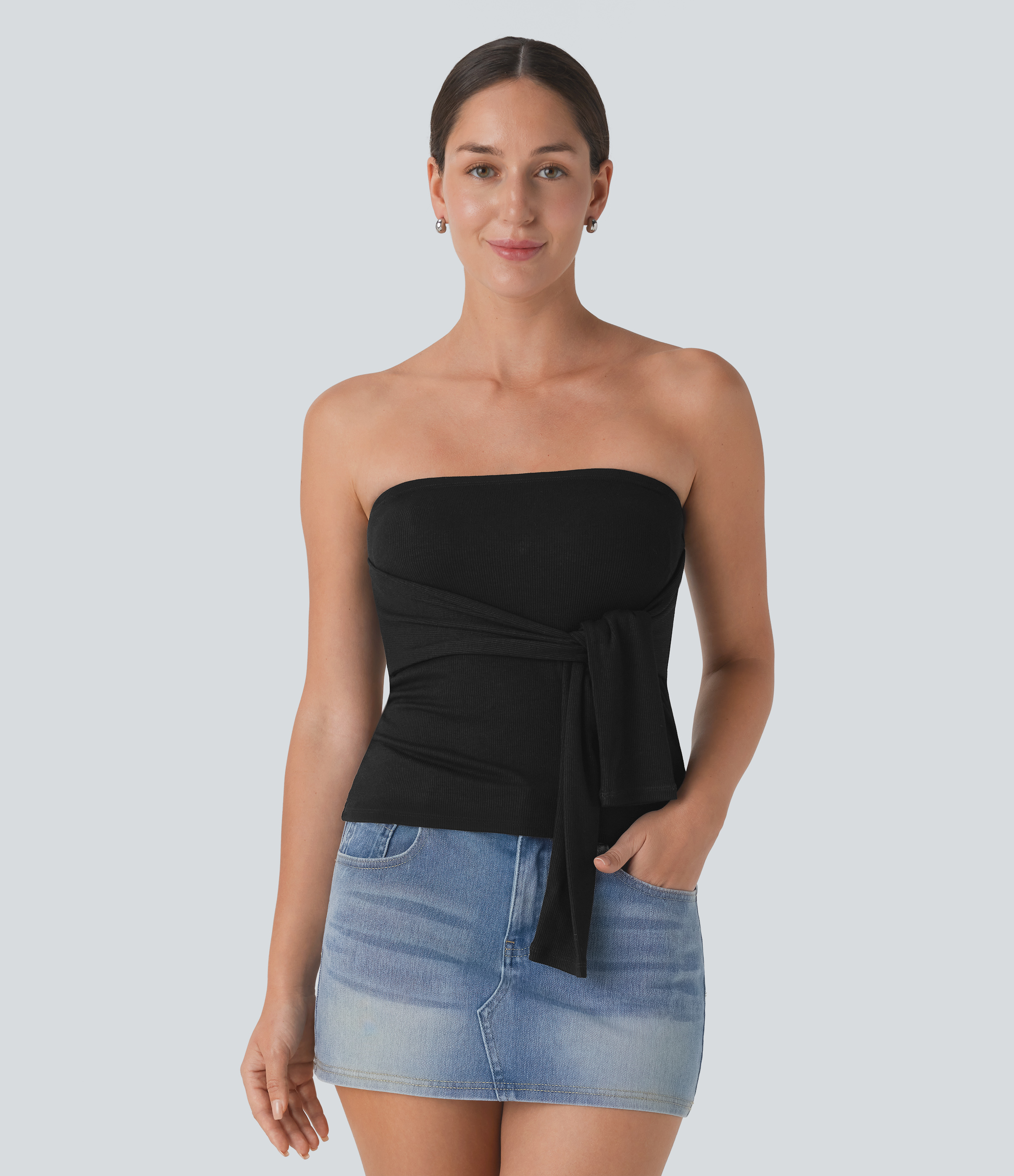 Halara Ribbed Knit Tie Front Skinny Casual Tube Top Tank Top - Black - S golf tops halter top tunic tops sleeveless tops backless top 