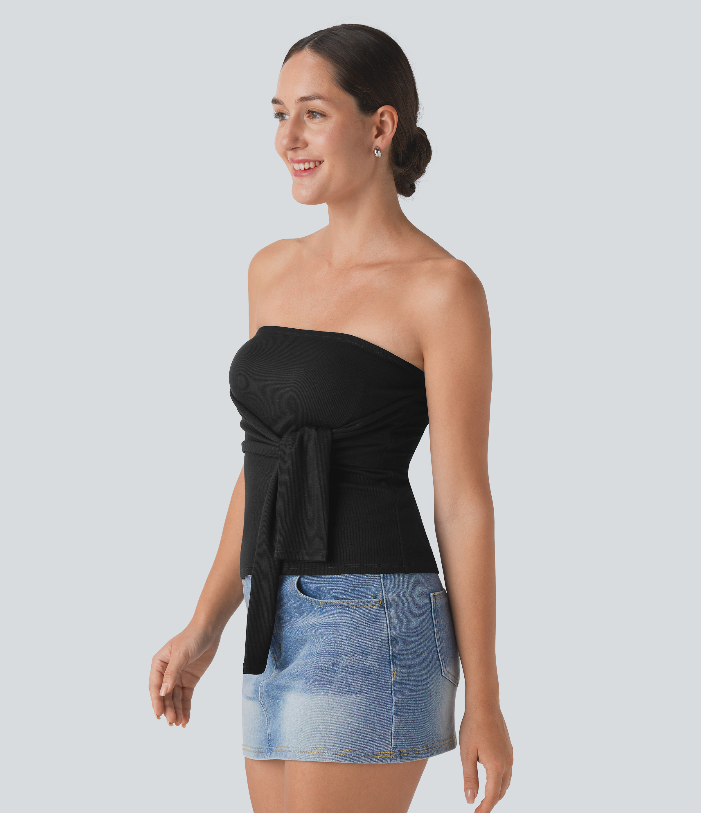 Halara Ribbed Knit Tie Front Skinny Casual Tube Top Tank Top - Black - S golf tops halter top tunic tops sleeveless tops backless top 