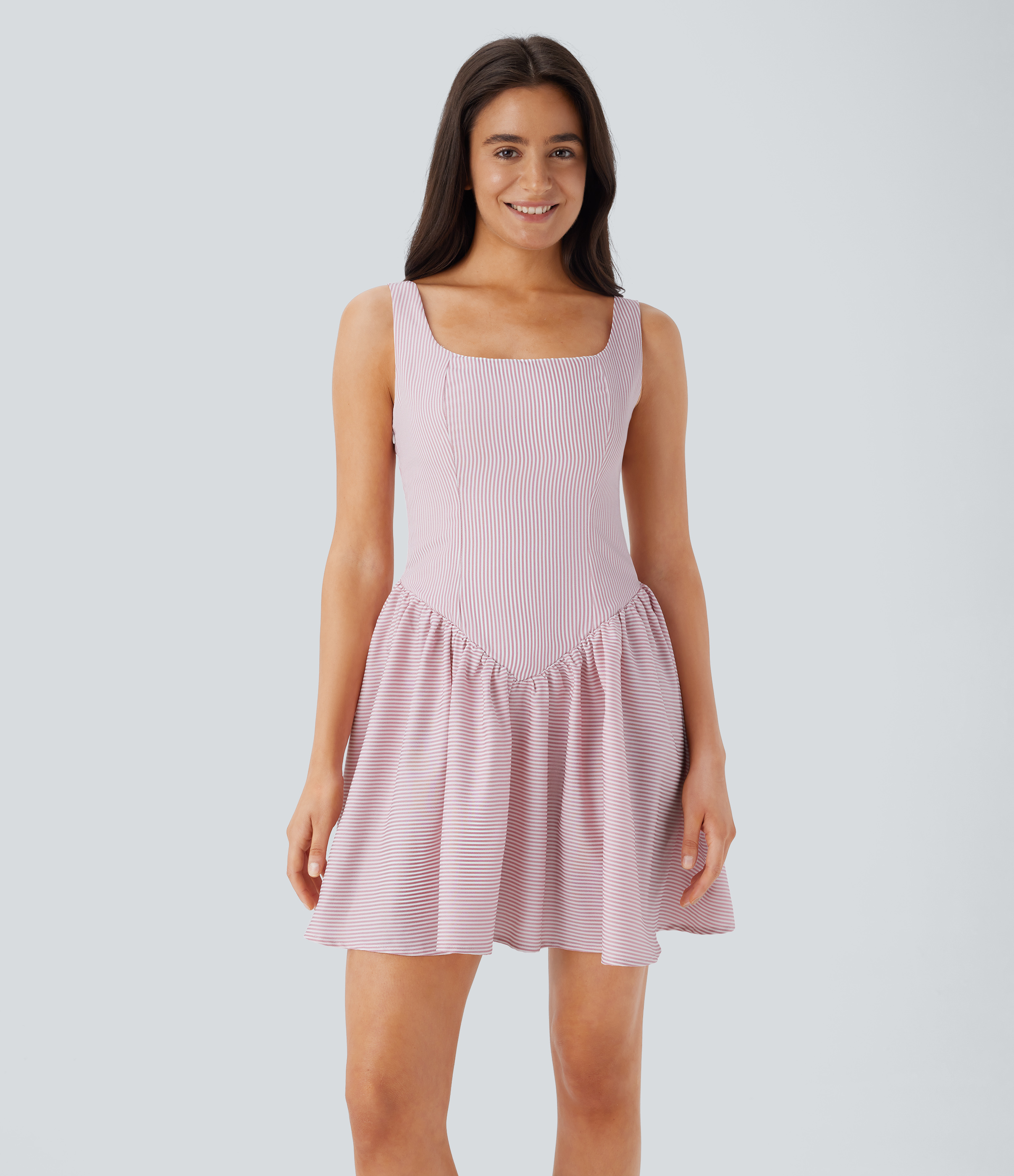 Halara Square Neck Backless Shirred Invisible Zipper Stripe Mini Casual Dress Casual Dress - Fuchsia Fedora Striped - S slip dress 