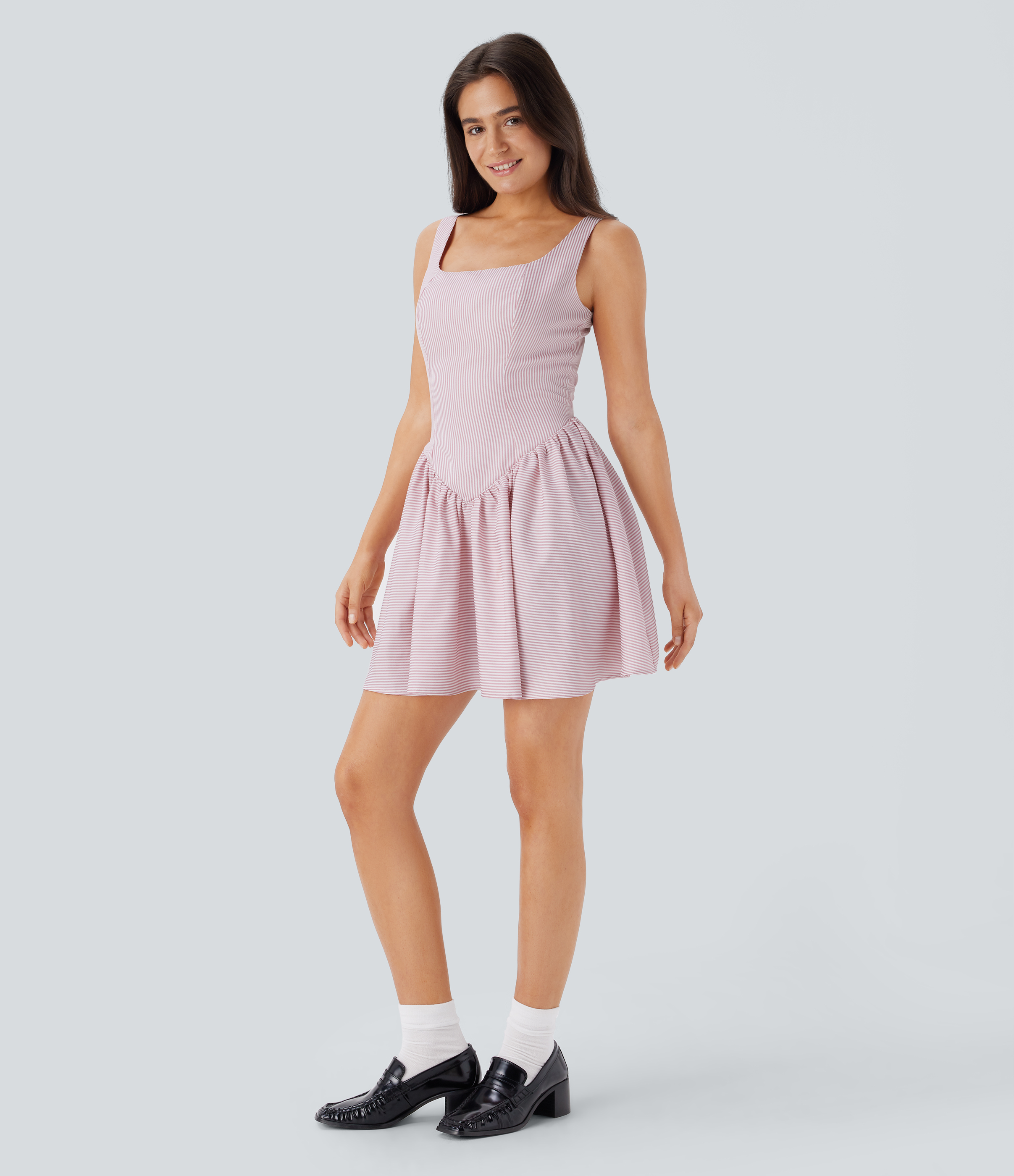 Halara Square Neck Backless Shirred Invisible Zipper Stripe Mini Casual Dress Casual Dress - Fuchsia Fedora Striped - S slip dress 