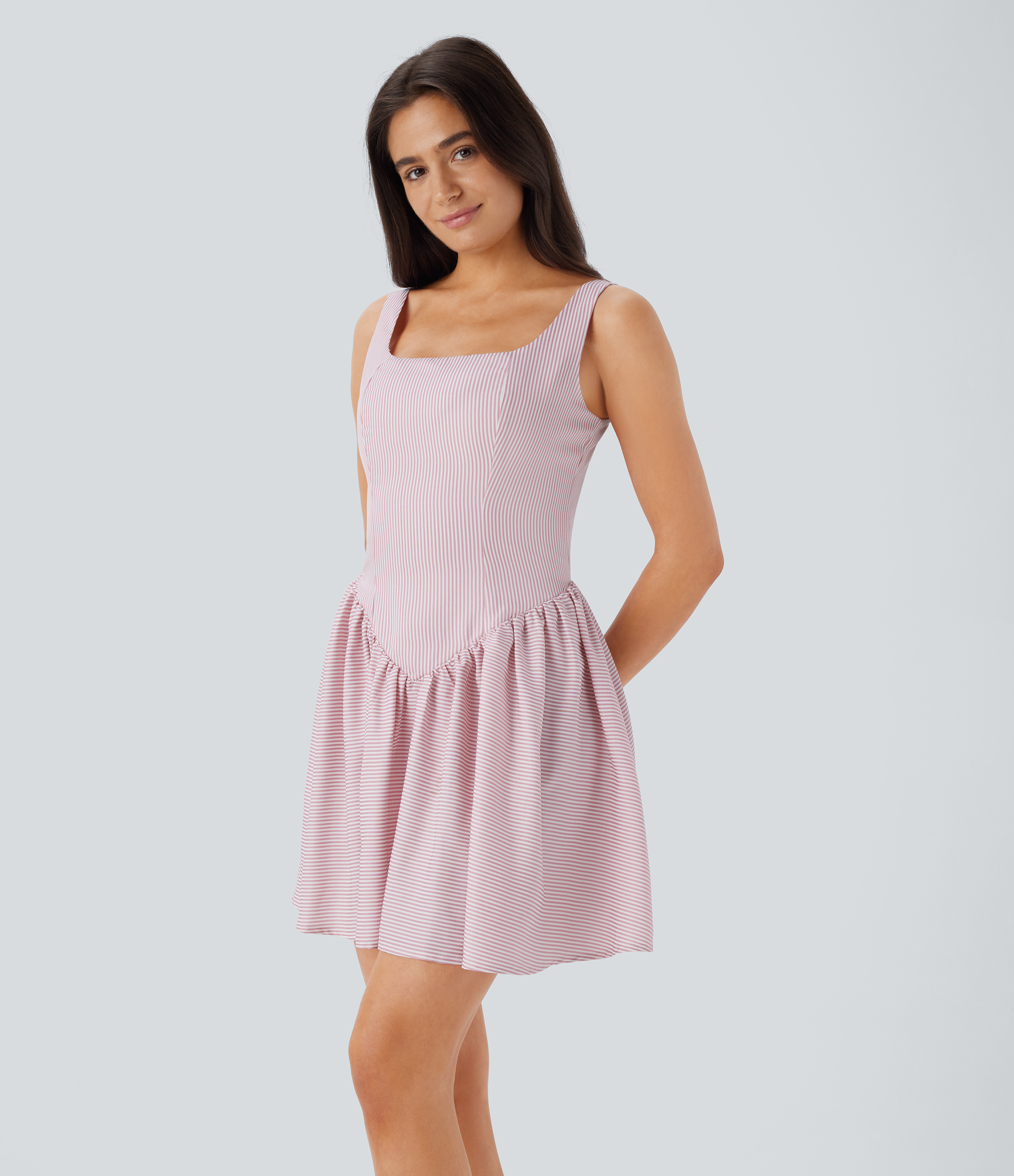 Halara Square Neck Backless Shirred Invisible Zipper Stripe Mini Casual Dress Casual Dress - Fuchsia Fedora Striped - S slip dress 