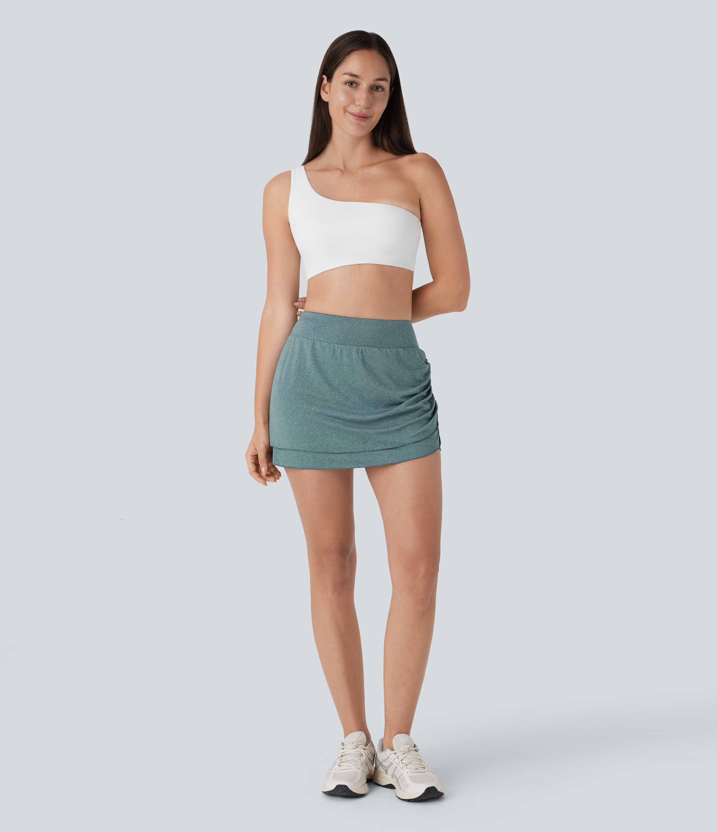Halara High Waisted Ruched Asymmetric Hem 2-in-1 Side Pocket Mini Yoga Skirt  - Mottled Pine Green - S(regular) 