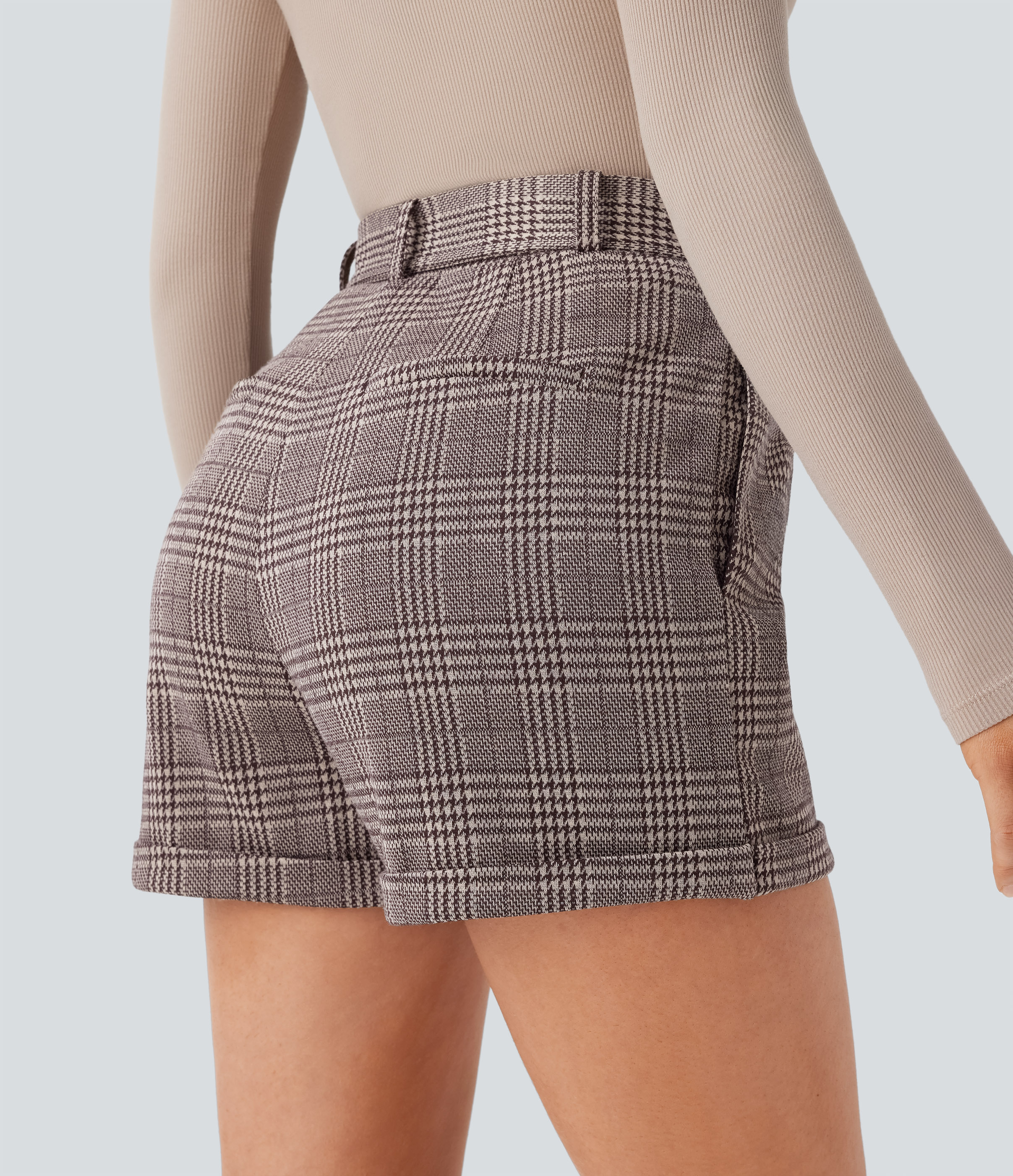 Halara High Waisted Belted Side Pocket Rolled Hem Houndstooth Plaid Work Shorts  - Brown Houndstooth Plaid - M booty shorts 