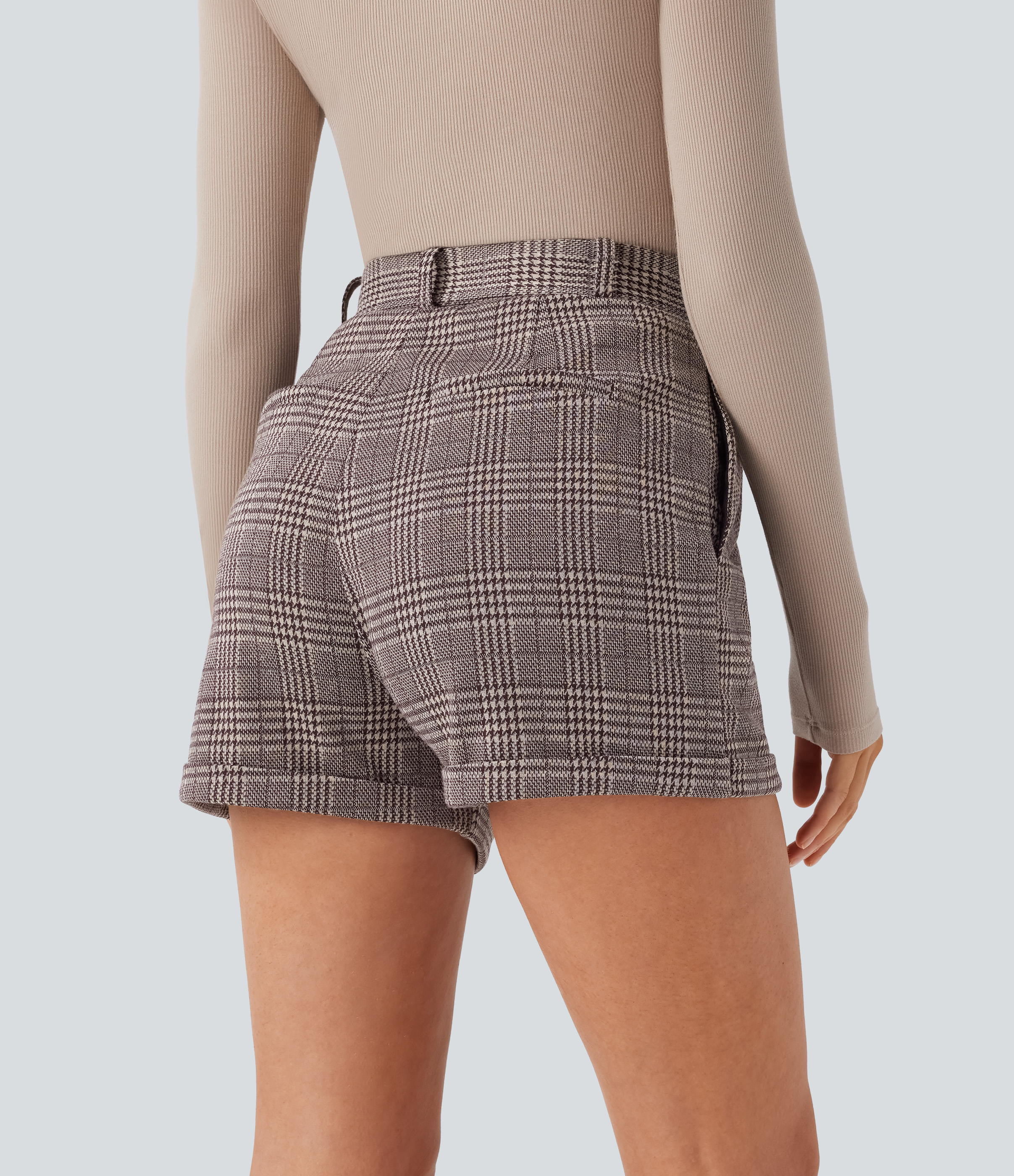 Halara High Waisted Belted Side Pocket Rolled Hem Houndstooth Plaid Work Shorts  - Brown Houndstooth Plaid - M booty shorts 