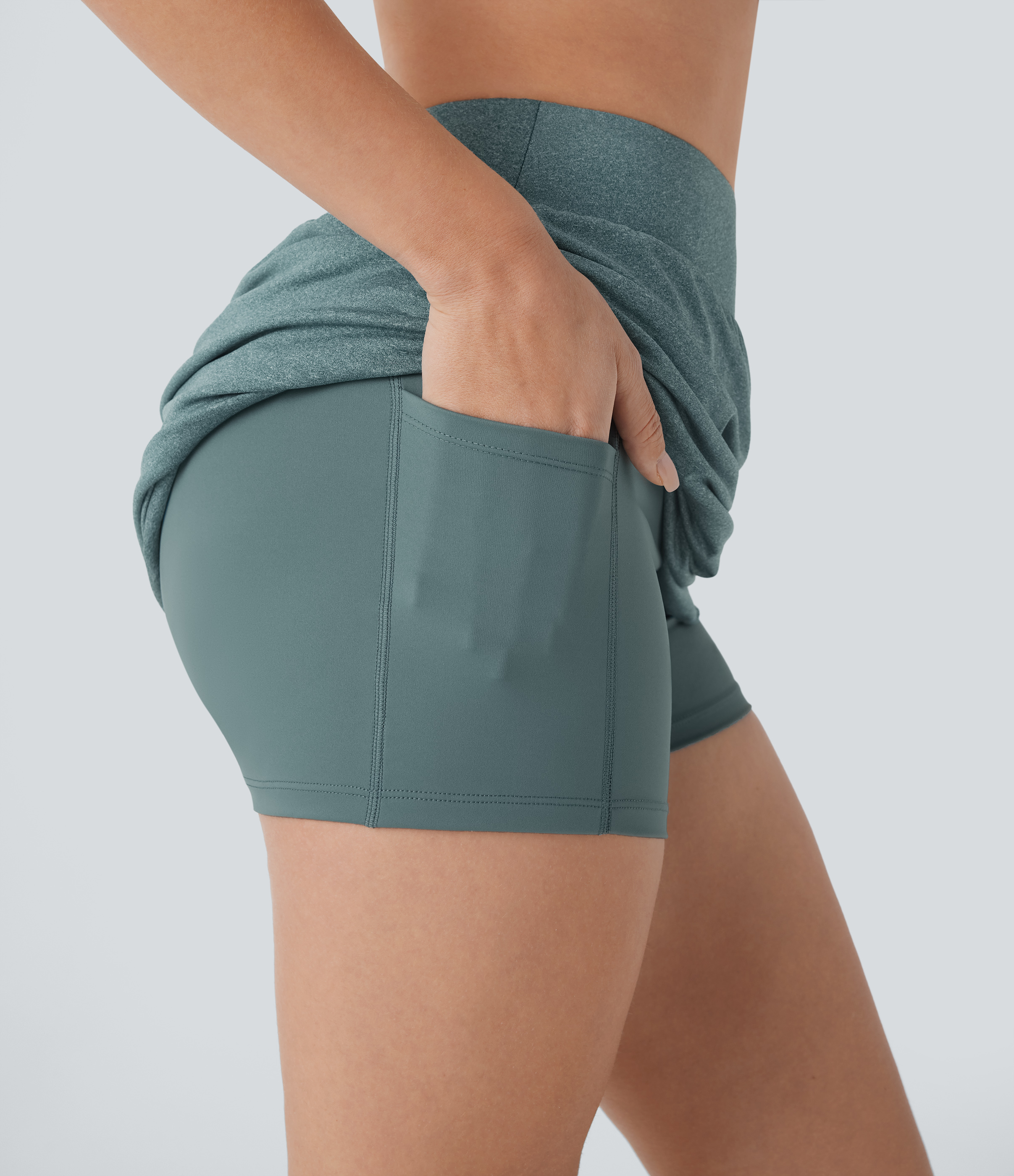 Halara High Waisted Ruched Asymmetric Hem 2-in-1 Side Pocket Mini Yoga Skirt  - Mottled Pine Green - S(regular) 