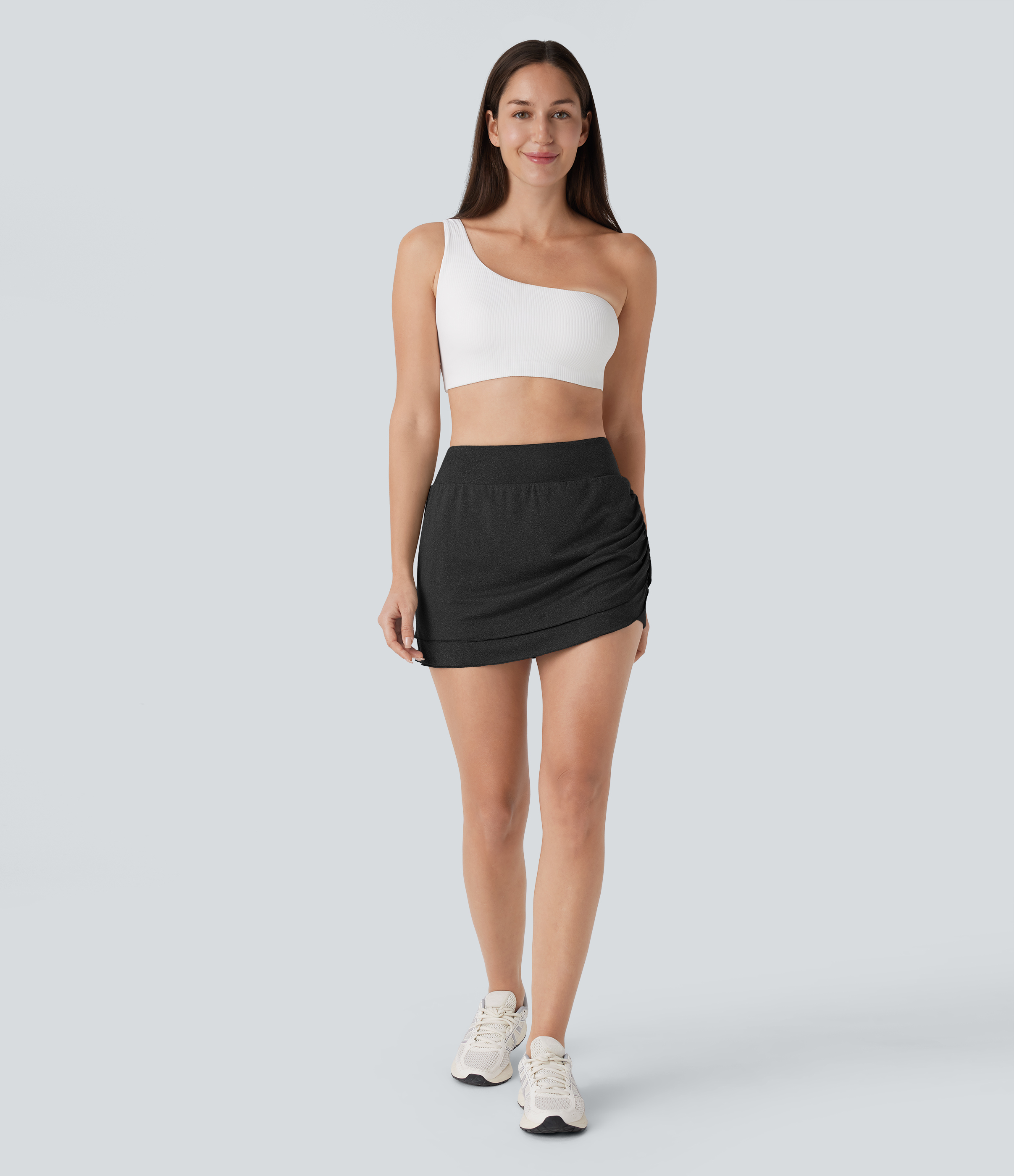Halara High Waisted Ruched Asymmetric Hem 2-in-1 Side Pocket Mini Yoga Skirt  - Mottled Carbon Black - XL(regular) 
