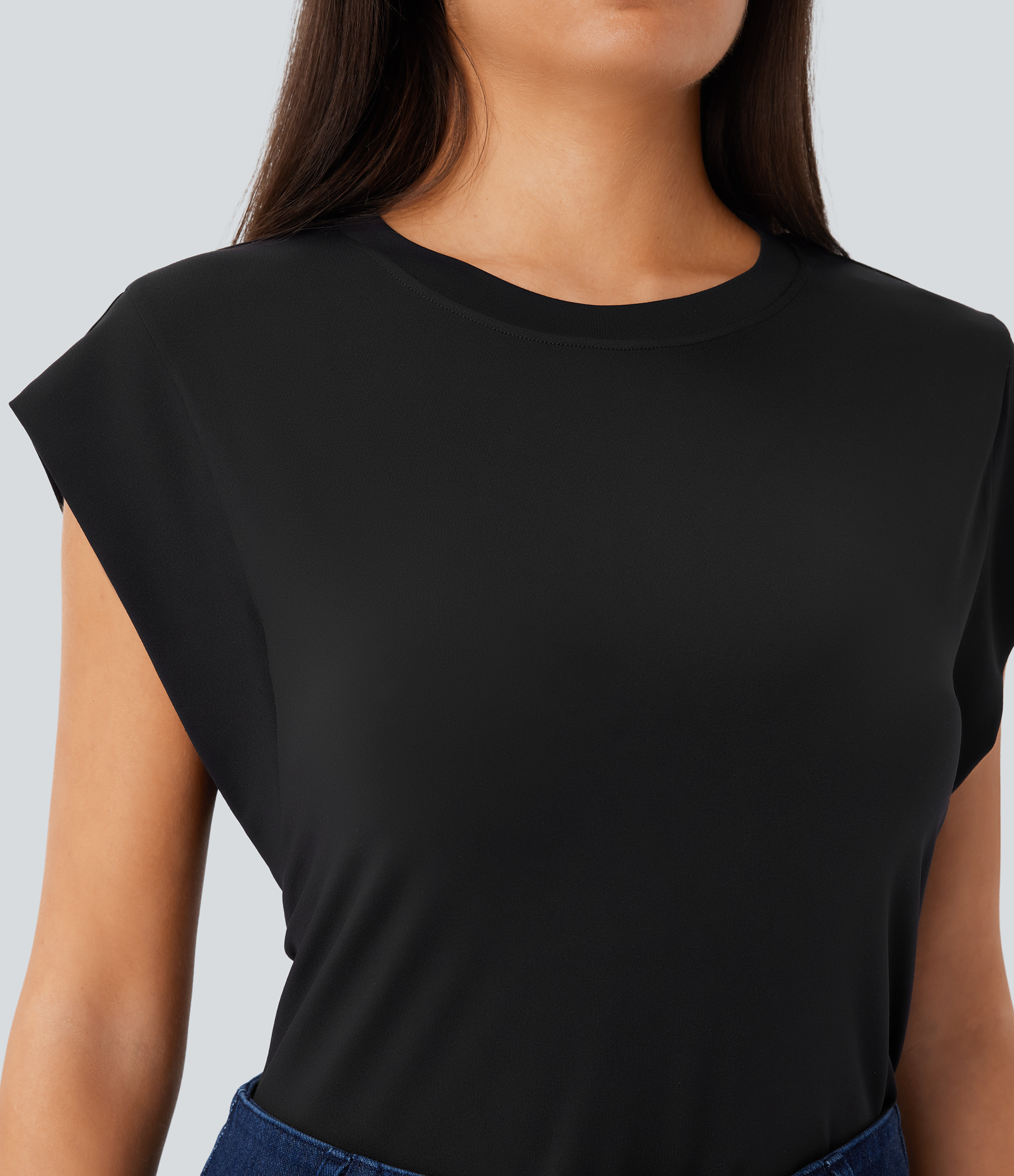 Halara Round Neck Cap Sleeve Casual Top Tank Top - Black - XS golf tops halter top tunic tops sleeveless tops backless top 