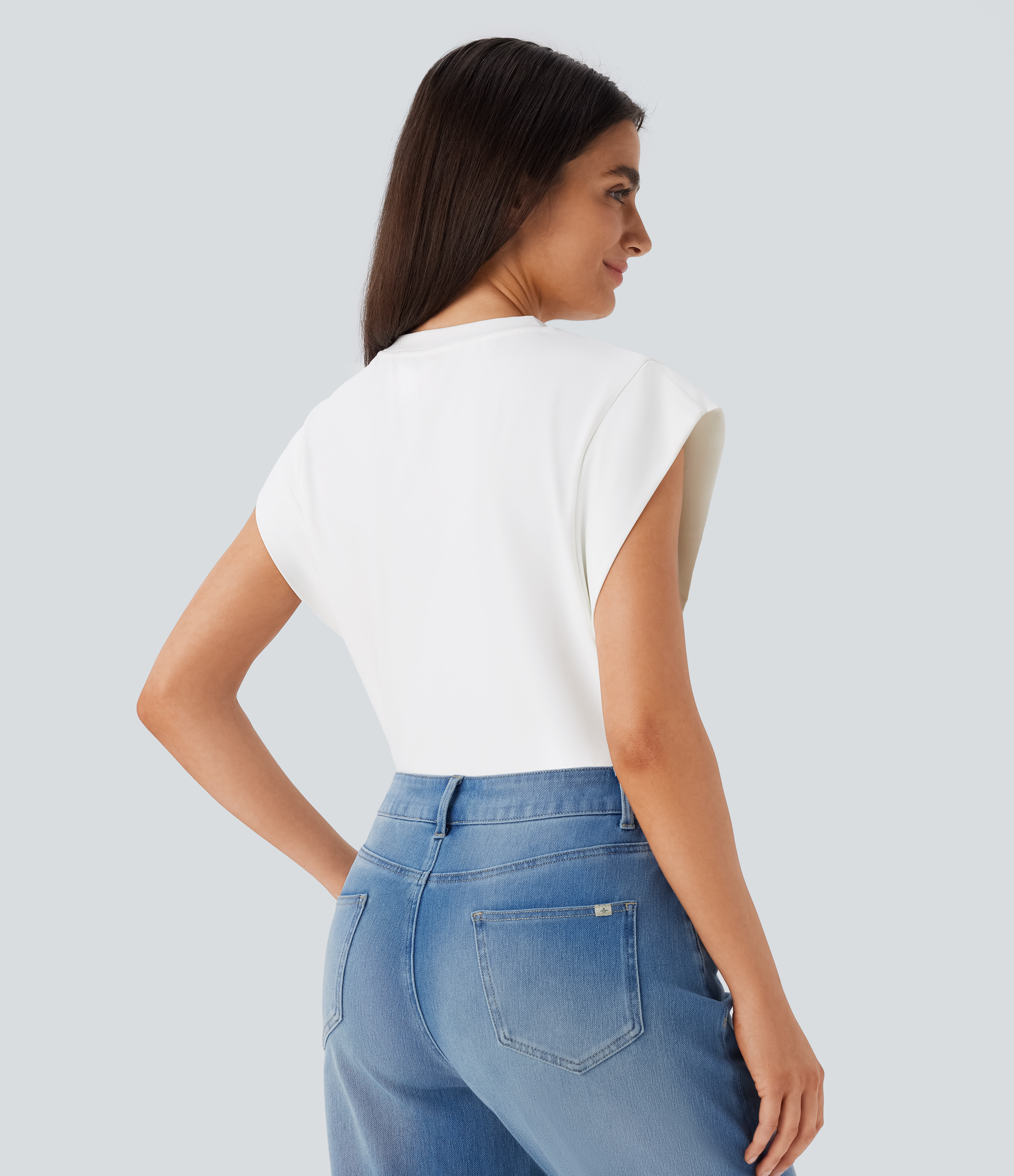 Halara Round Neck Cap Sleeve Casual Top Tank Top - White - XS golf tops halter top tunic tops sleeveless tops backless top 