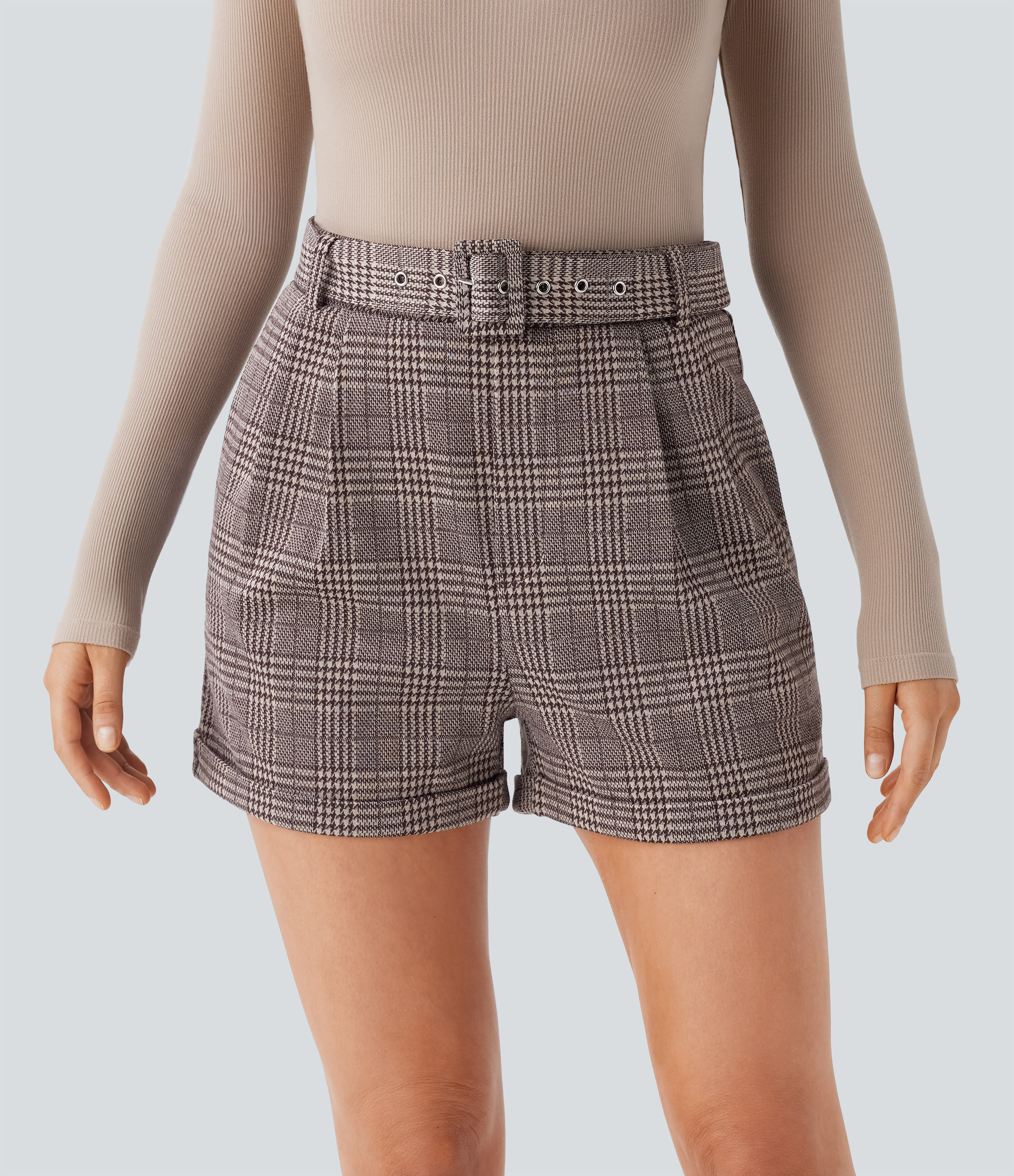 Halara High Waisted Belted Side Pocket Rolled Hem Houndstooth Plaid Work Shorts  - Brown Houndstooth Plaid - M booty shorts 