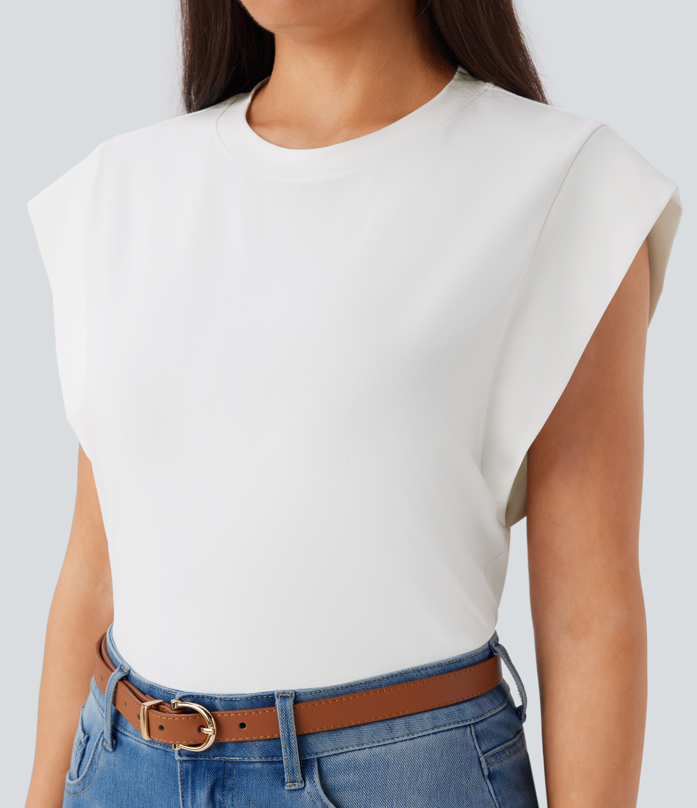 Halara Round Neck Cap Sleeve Casual Top Tank Top - White - XS golf tops halter top tunic tops sleeveless tops backless top 