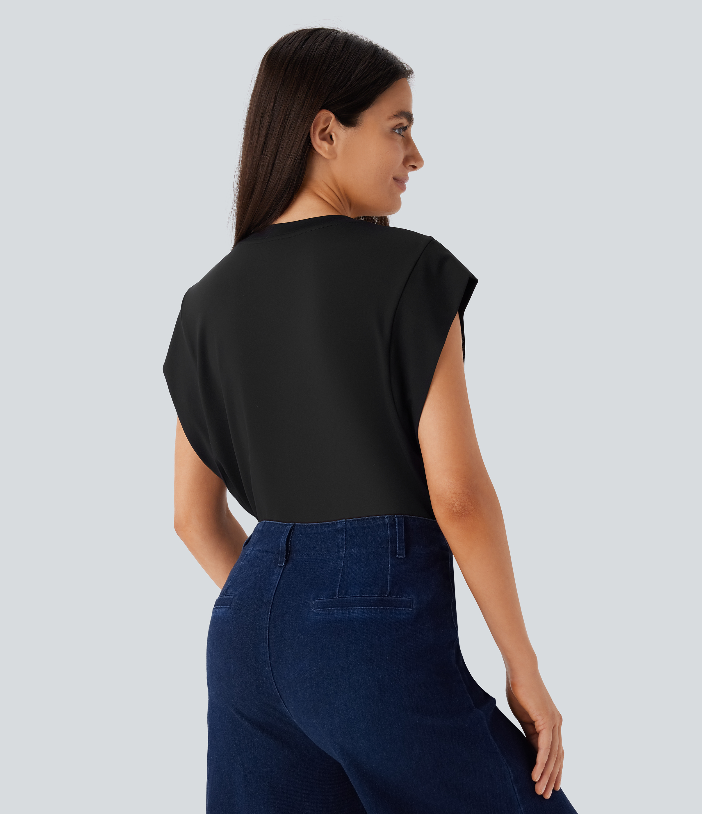 Halara Round Neck Cap Sleeve Casual Top Tank Top - Black - XS golf tops halter top tunic tops sleeveless tops backless top 