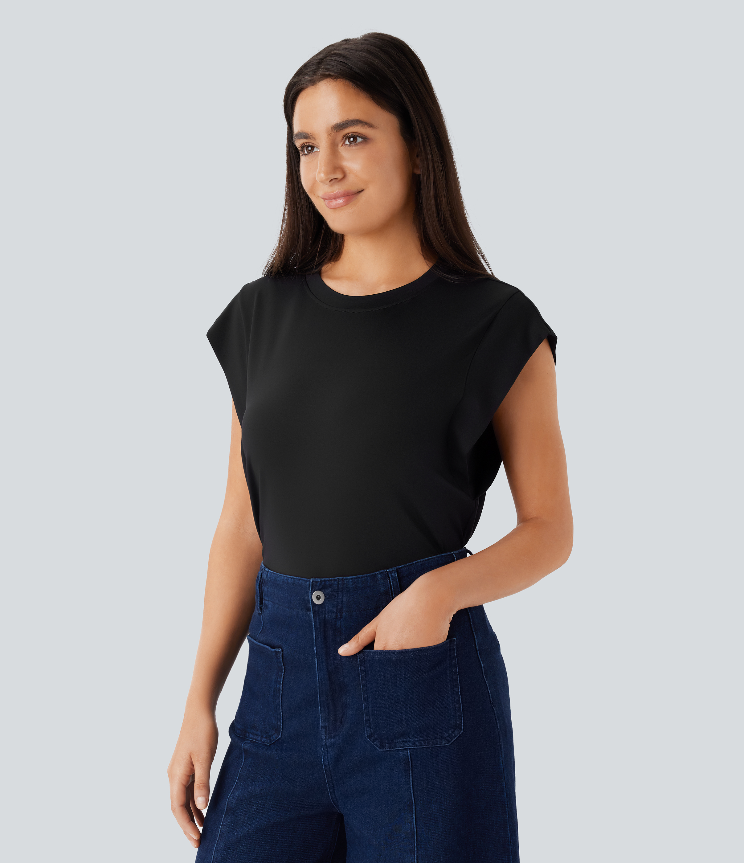 Halara Round Neck Cap Sleeve Casual Top Tank Top - Black - XS golf tops halter top tunic tops sleeveless tops backless top 