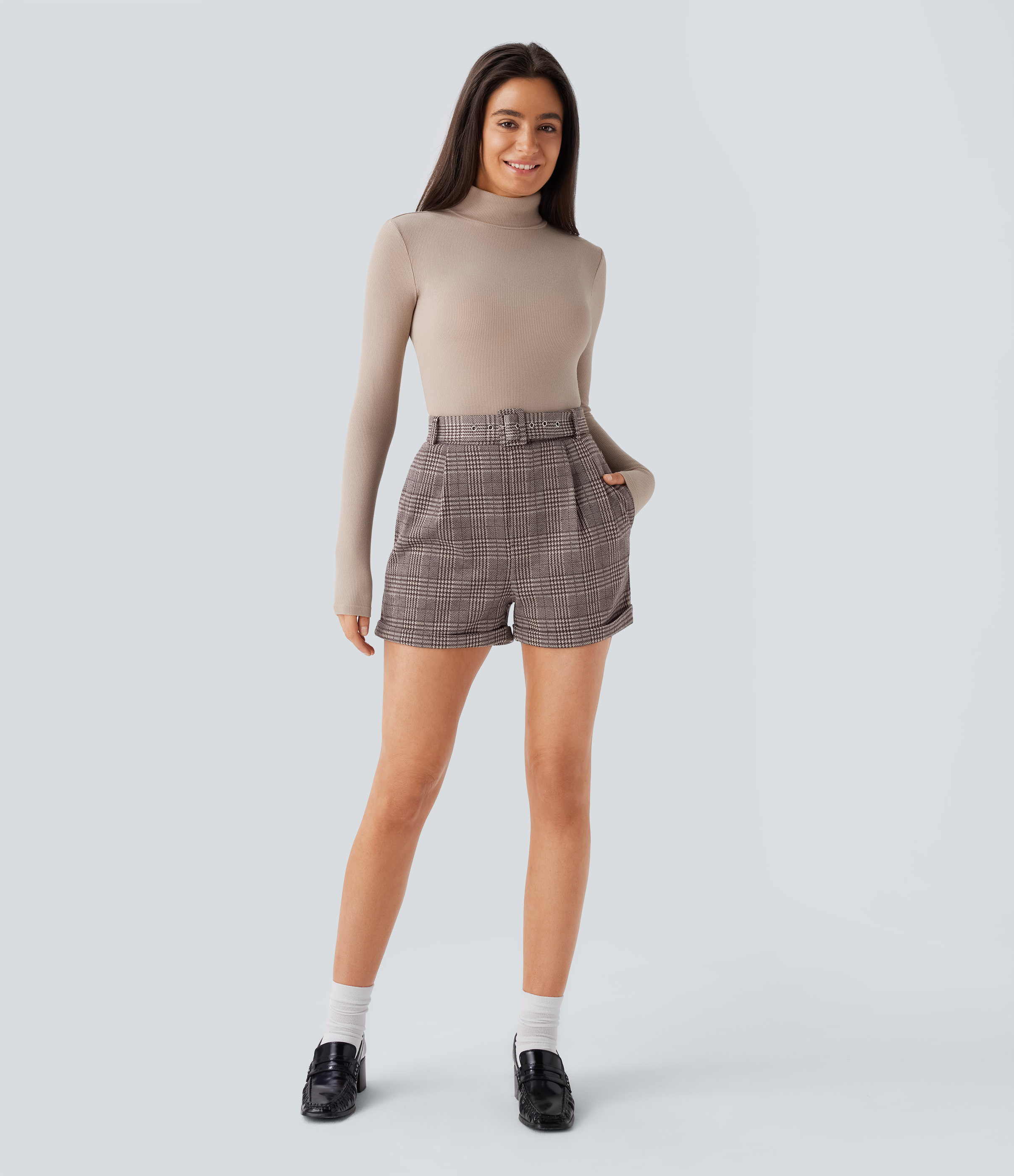 Halara High Waisted Belted Side Pocket Rolled Hem Houndstooth Plaid Work Shorts  - Brown Houndstooth Plaid - M booty shorts 