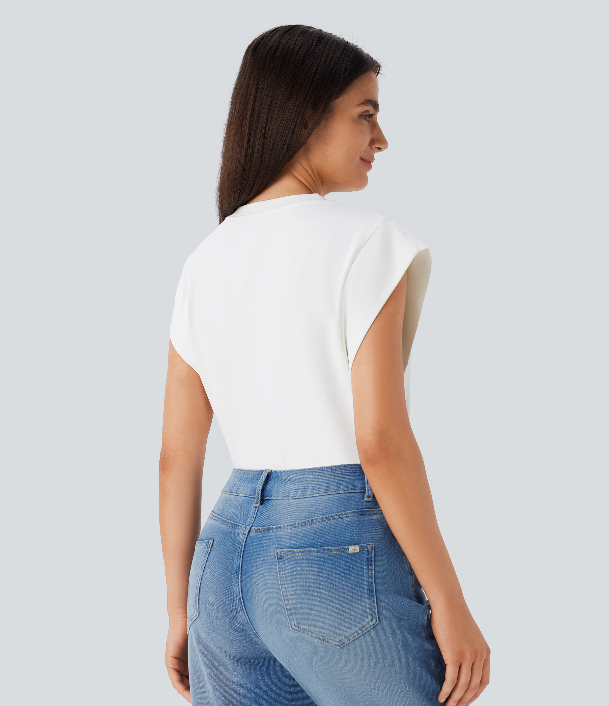 Halara Round Neck Cap Sleeve Casual Top Tank Top - White - XS golf tops halter top tunic tops sleeveless tops backless top 