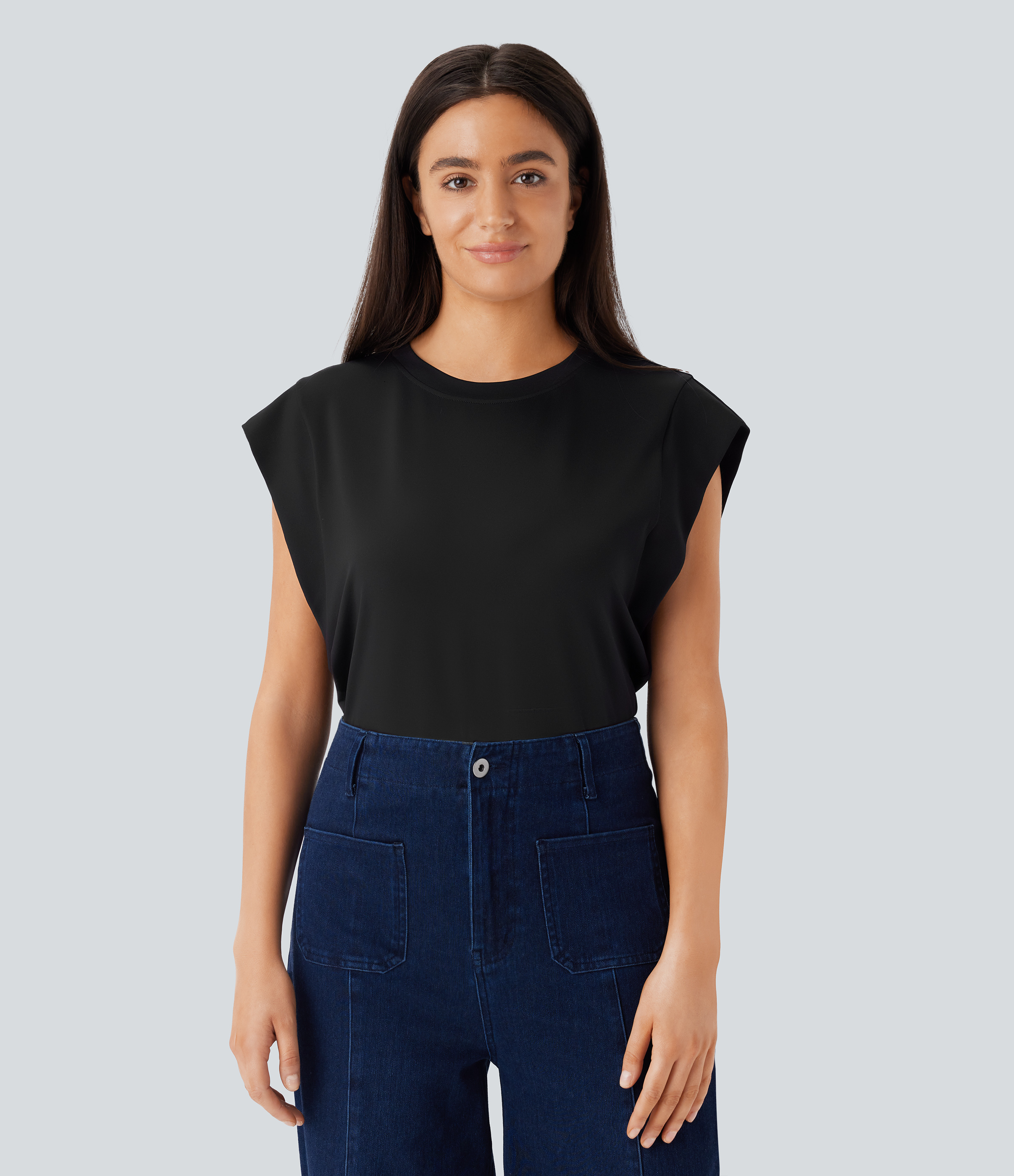 Halara Round Neck Cap Sleeve Casual Top Tank Top - Black - XS golf tops halter top tunic tops sleeveless tops backless top 