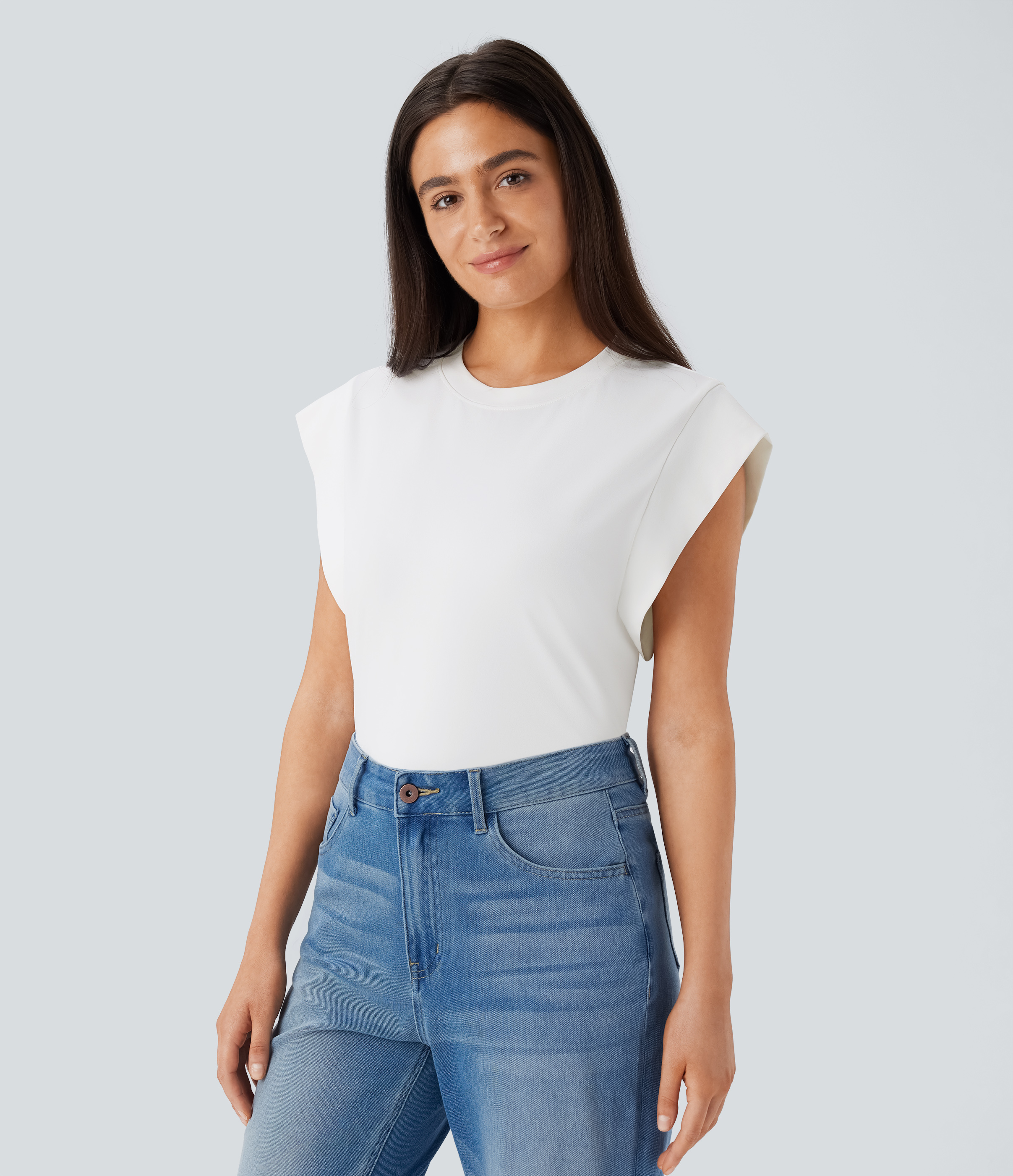 Halara Round Neck Cap Sleeve Casual Top Tank Top - White - XS golf tops halter top tunic tops sleeveless tops backless top 