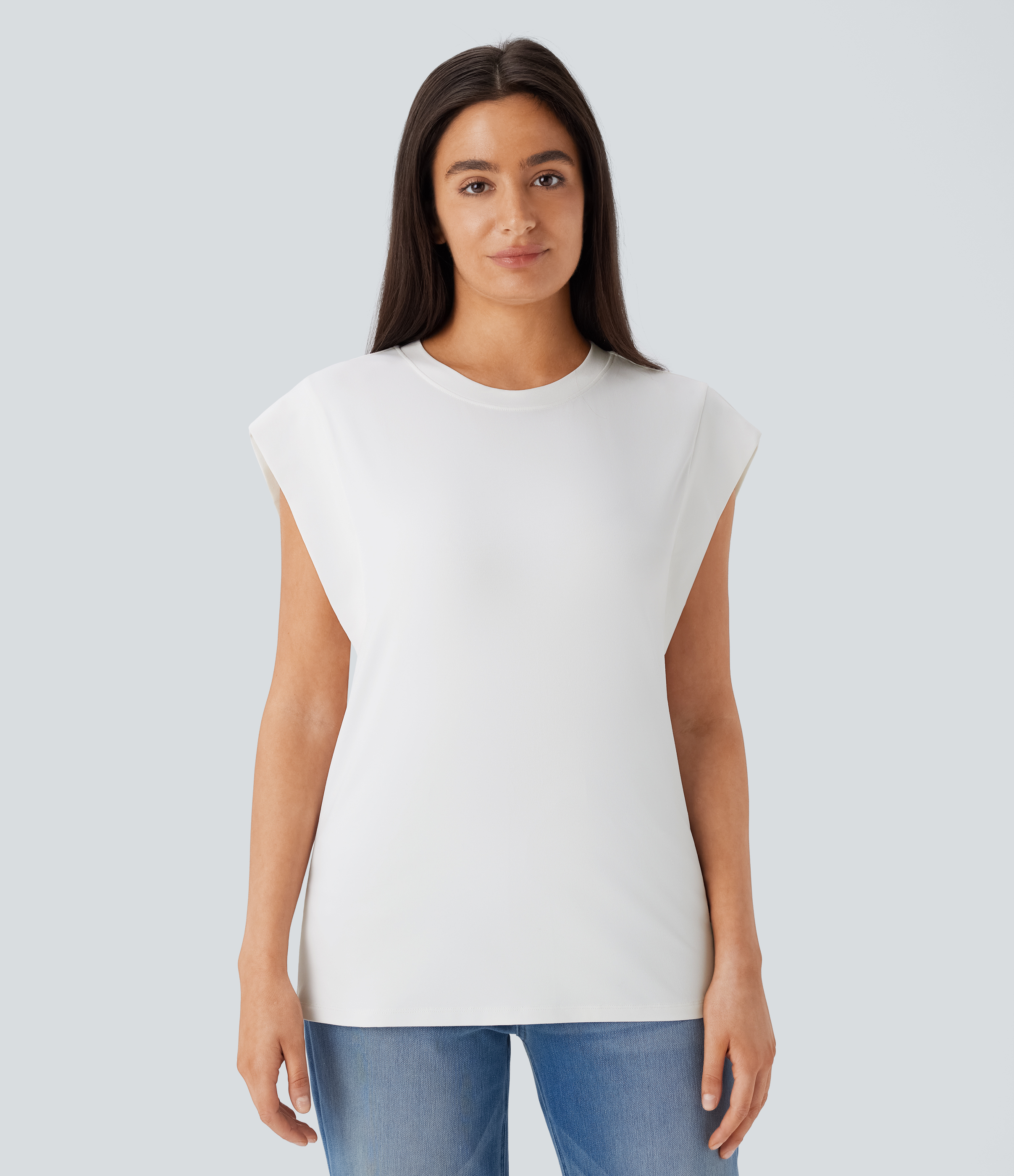 Halara Round Neck Cap Sleeve Casual Top Tank Top - White - XS golf tops halter top tunic tops sleeveless tops backless top 