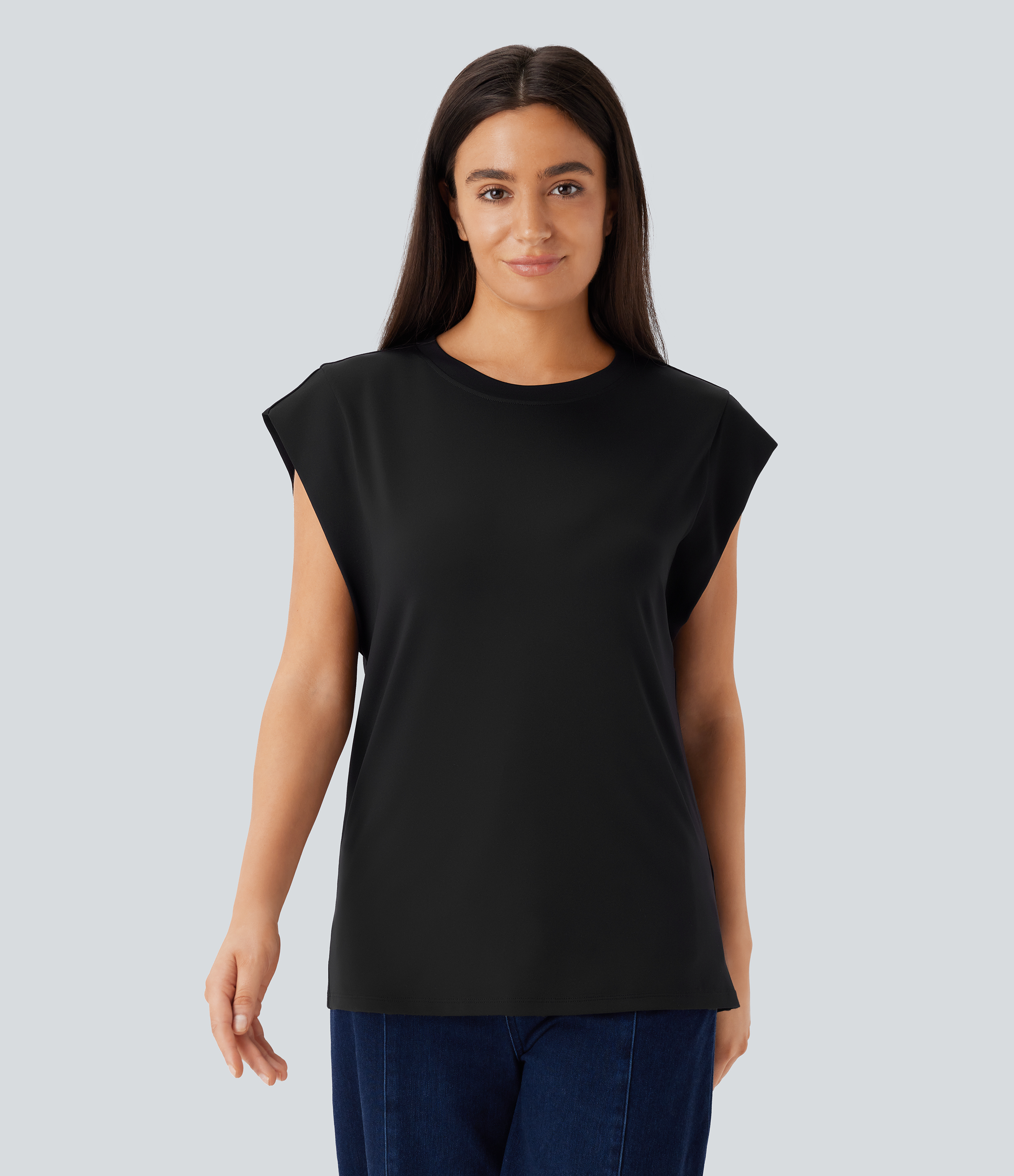 Halara Round Neck Cap Sleeve Casual Top Tank Top - Black - XS golf tops halter top tunic tops sleeveless tops backless top 