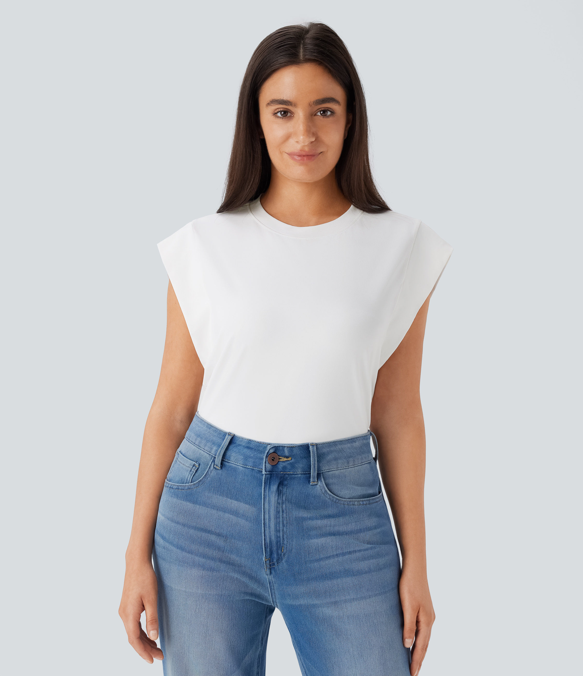 Halara Round Neck Cap Sleeve Casual Top Tank Top - White - XS golf tops halter top tunic tops sleeveless tops backless top 
