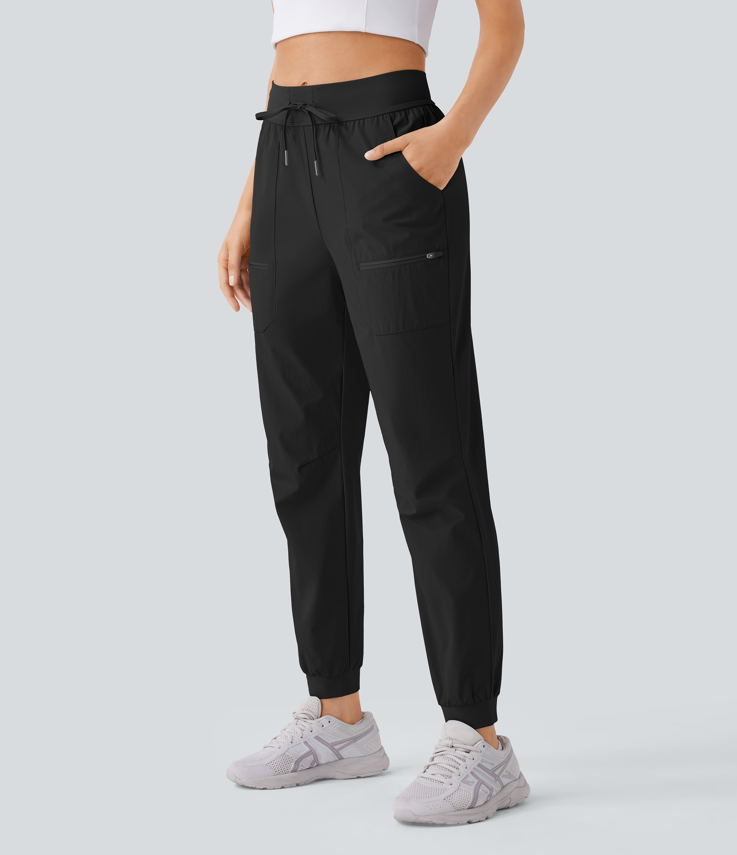 Halara Water Repellent Wear-Resistant Mid Rise Drawstring Multiple Pockets Hiking Pile Joggers  - Black - M(regular) 
