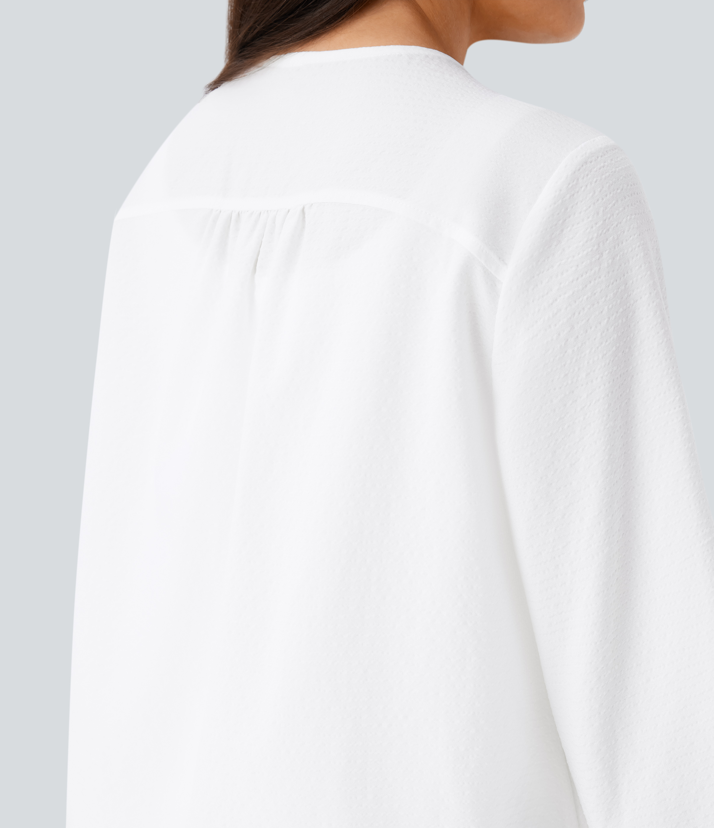 Halara Tie Neck Bishop Sleeve Button Stripe Lounge Blouse  - White - S 