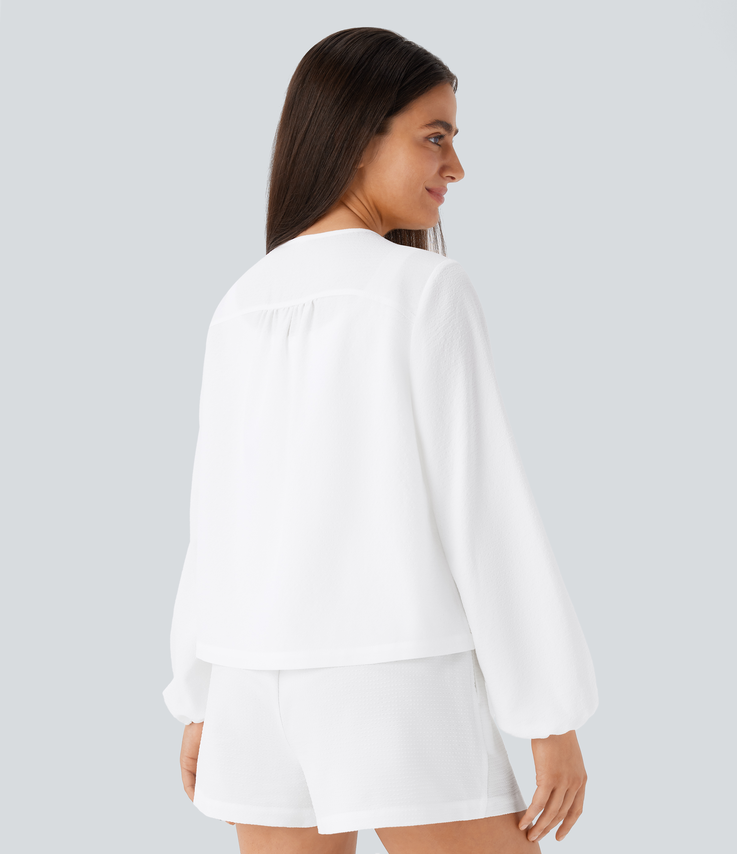 Halara Tie Neck Bishop Sleeve Button Stripe Lounge Blouse  - White - S 