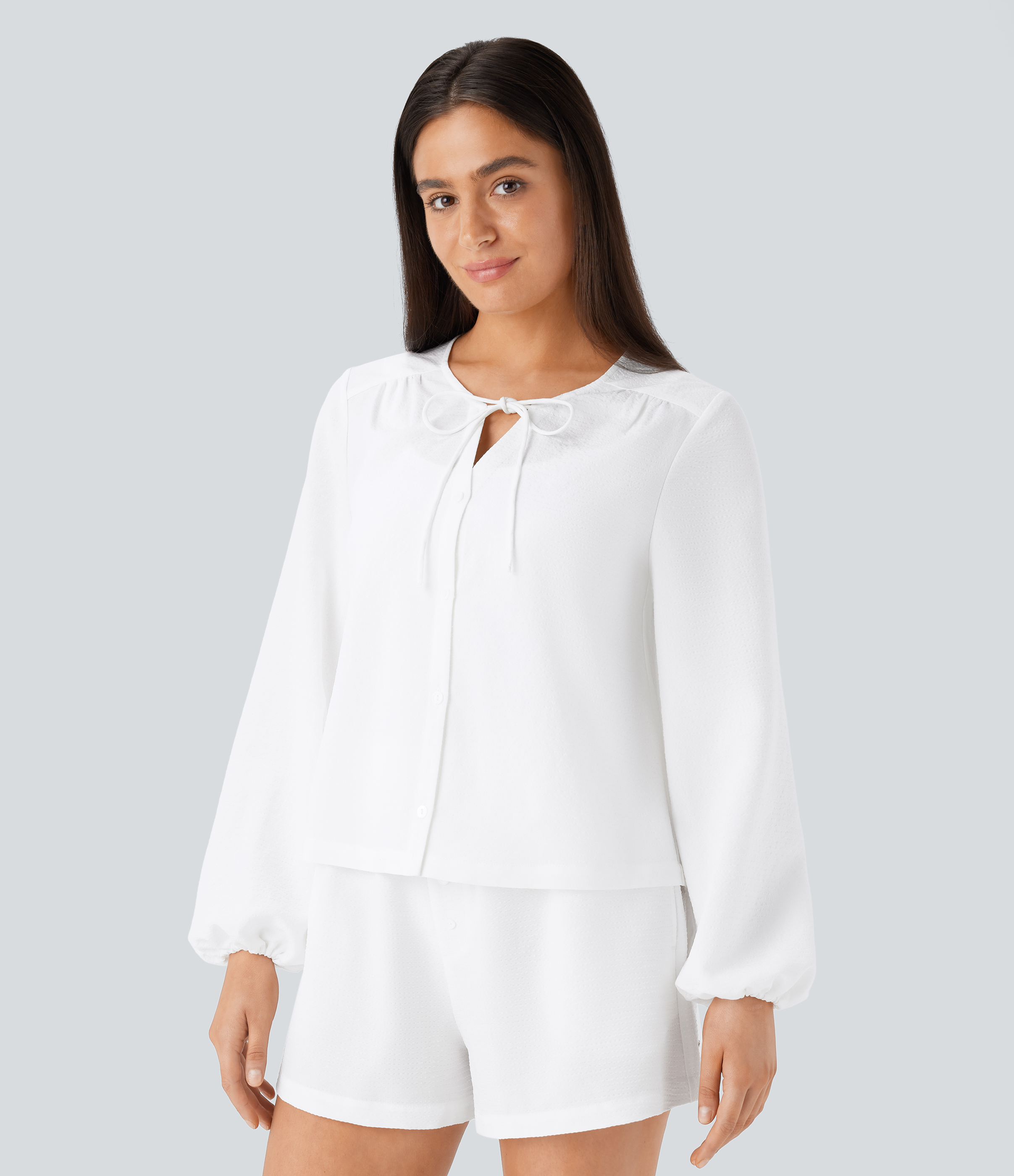 Halara Tie Neck Bishop Sleeve Button Stripe Lounge Blouse  - White - S 