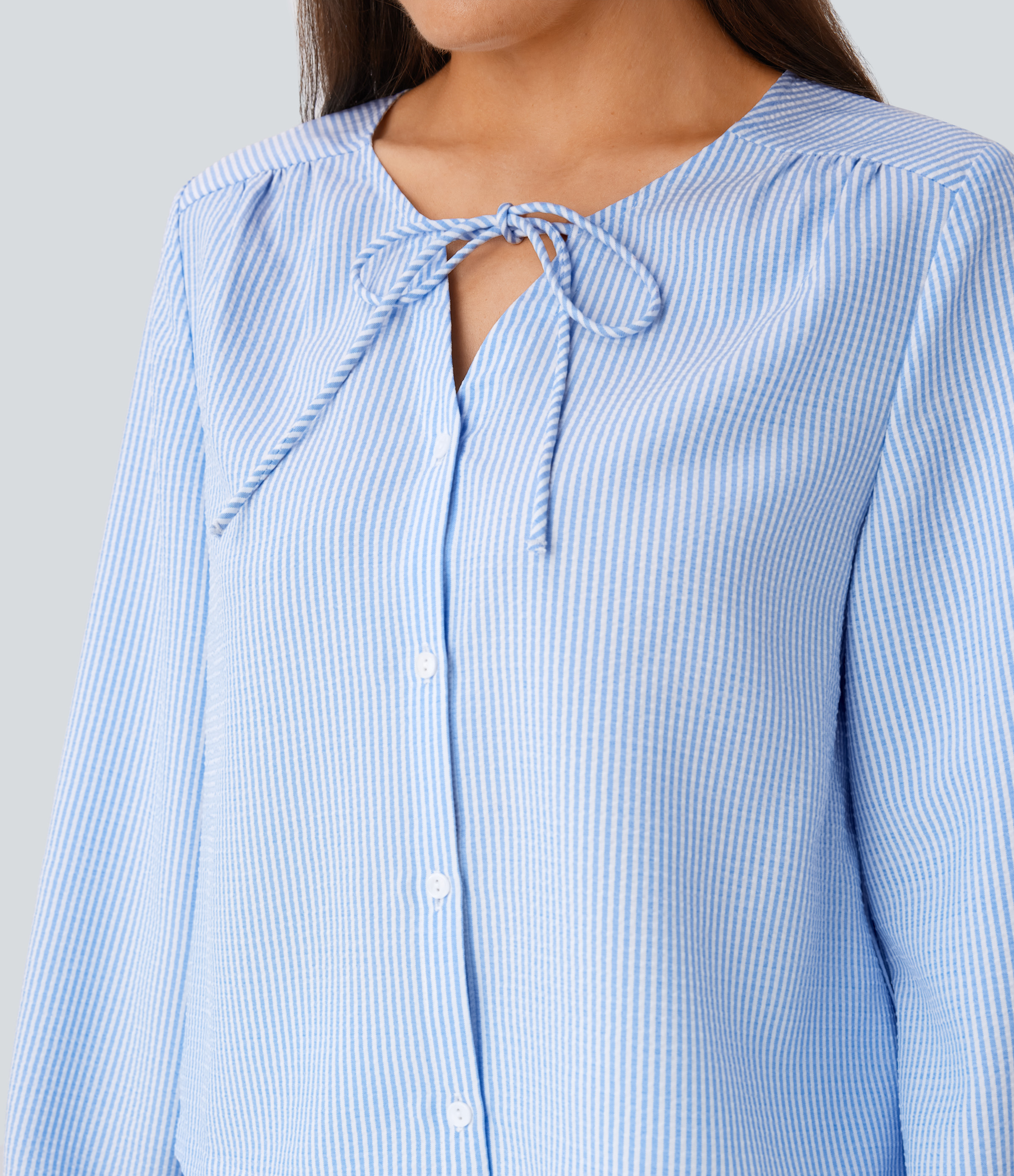 Halara Tie Neck Bishop Sleeve Button Stripe Lounge Blouse  - Azure White Stripe - M 