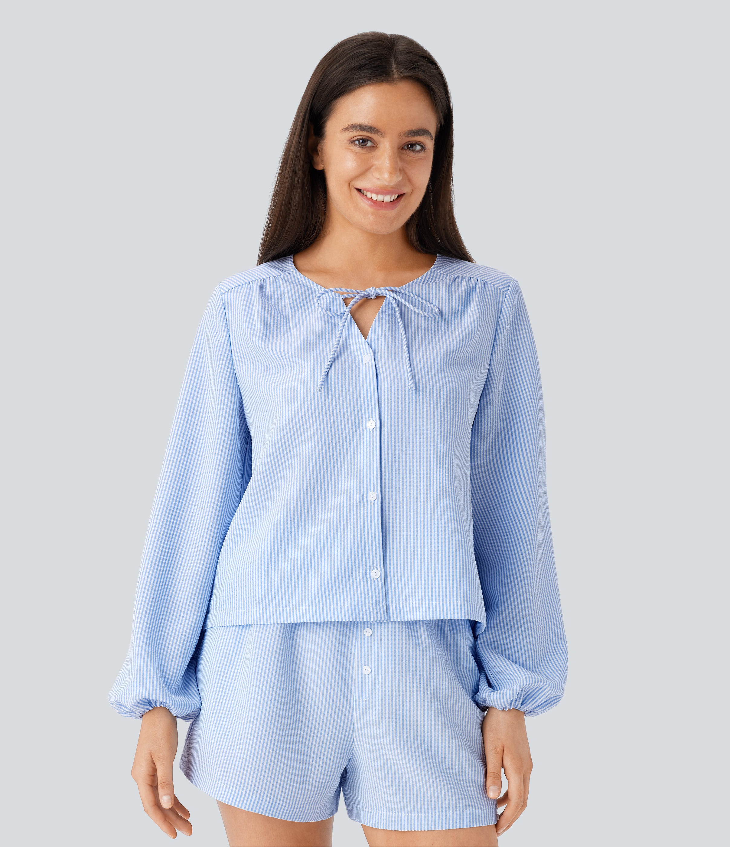 Halara Tie Neck Bishop Sleeve Button Stripe Lounge Blouse  - Azure White Stripe - M 