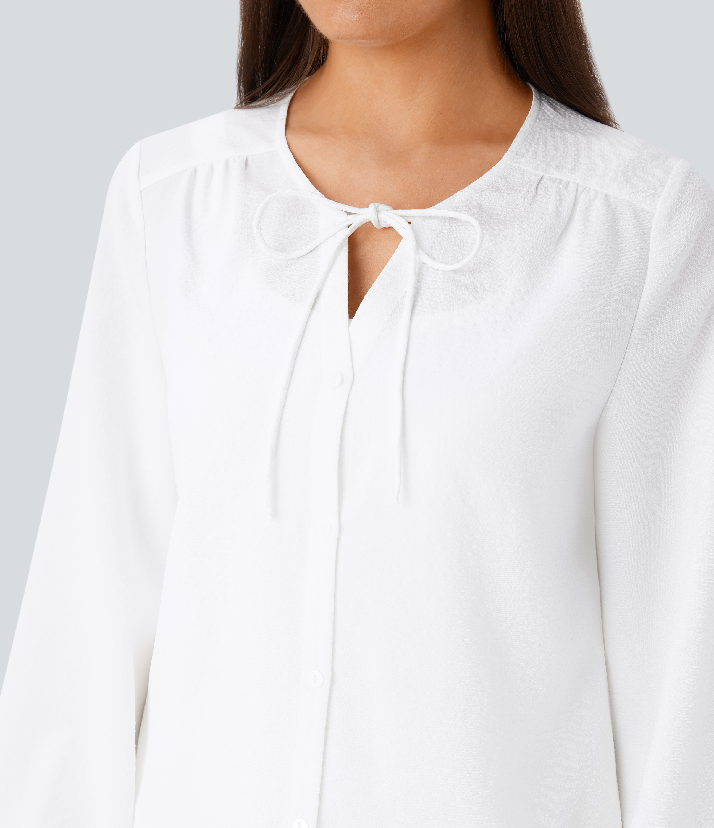 Halara Tie Neck Bishop Sleeve Button Stripe Lounge Blouse  - White - S 