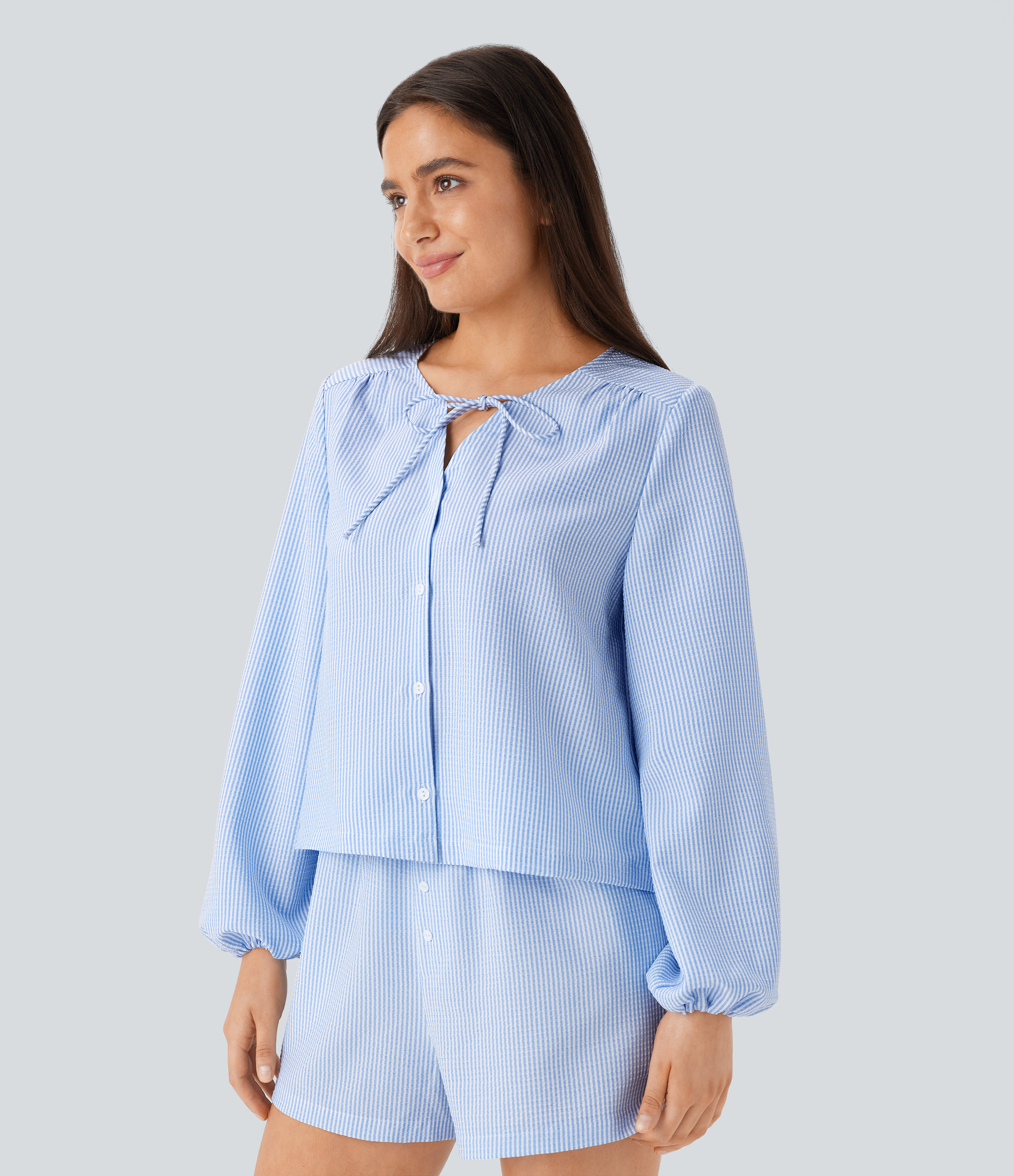Halara Tie Neck Bishop Sleeve Button Stripe Lounge Blouse  - Azure White Stripe - M 