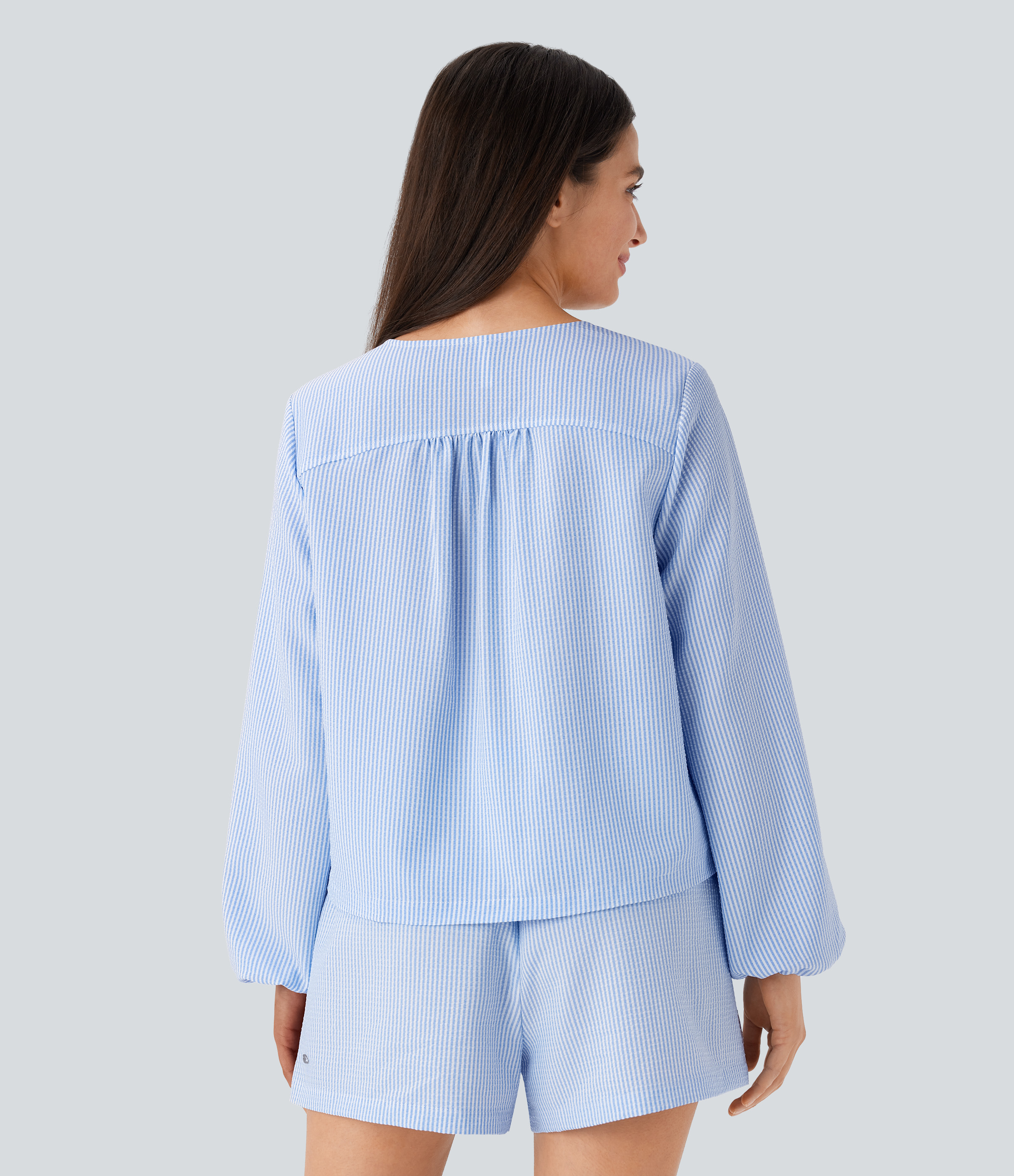Halara Tie Neck Bishop Sleeve Button Stripe Lounge Blouse  - Azure White Stripe - M 