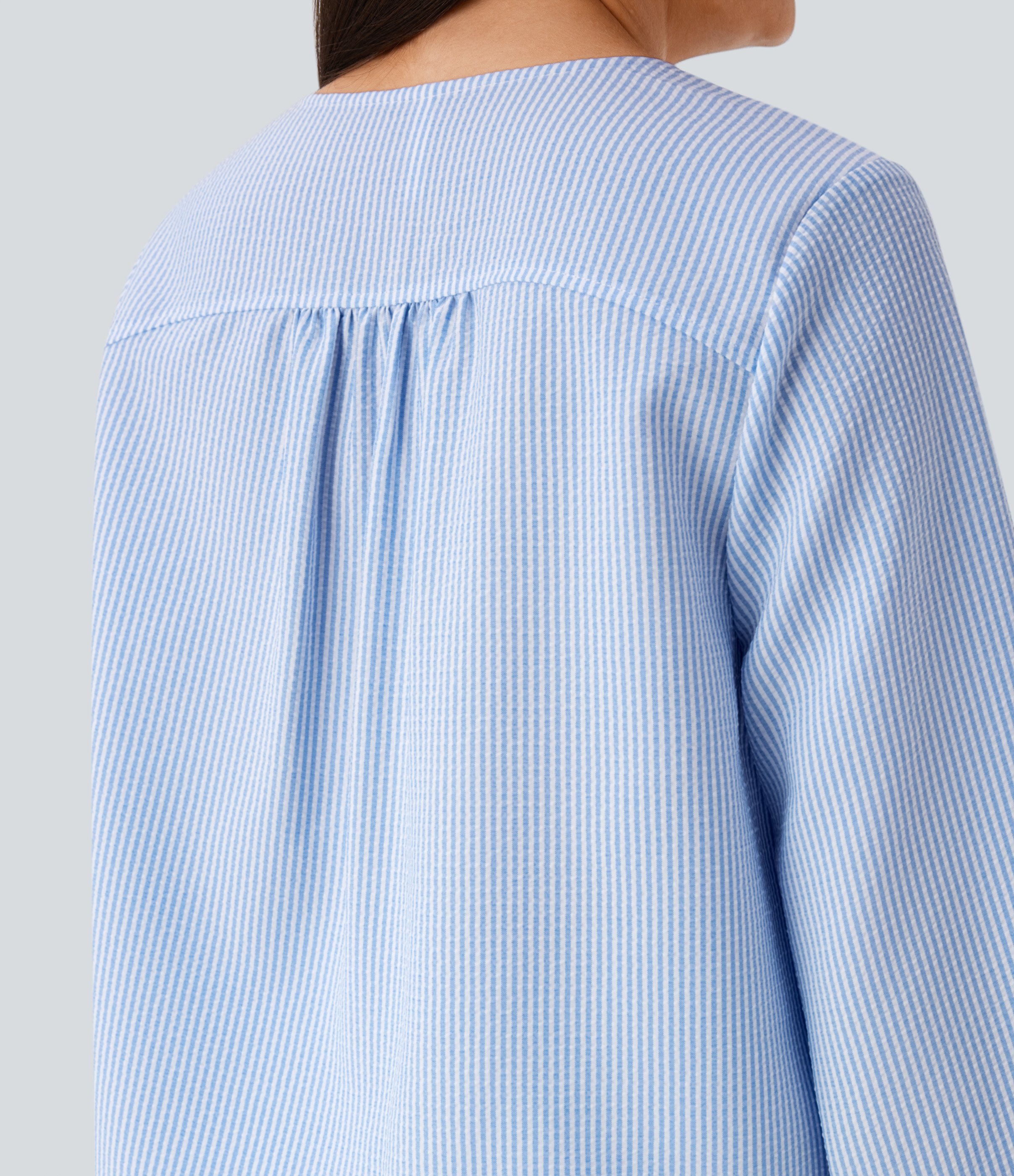 Halara Tie Neck Bishop Sleeve Button Stripe Lounge Blouse  - Azure White Stripe - M 