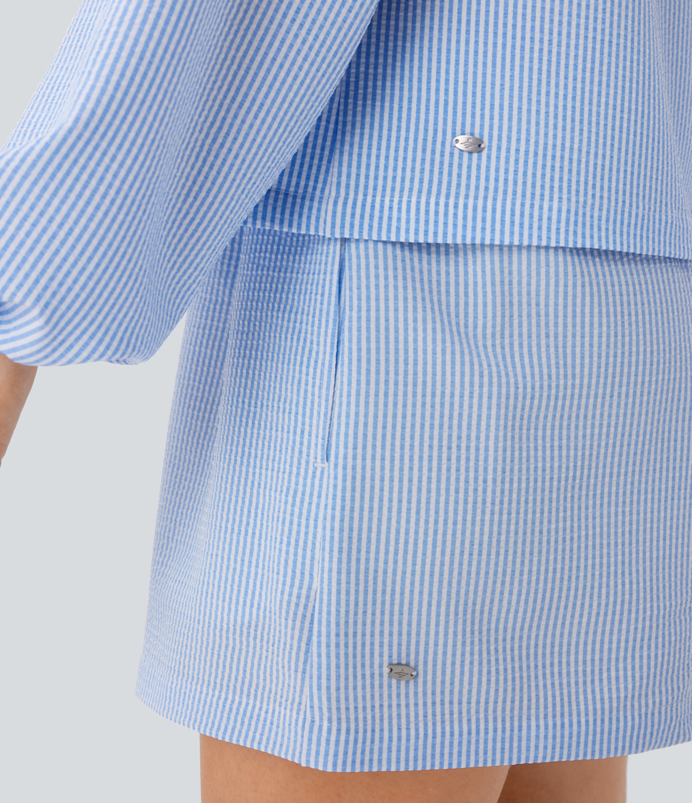 Halara Tie Neck Bishop Sleeve Button Stripe Lounge Blouse  - Azure White Stripe - M 