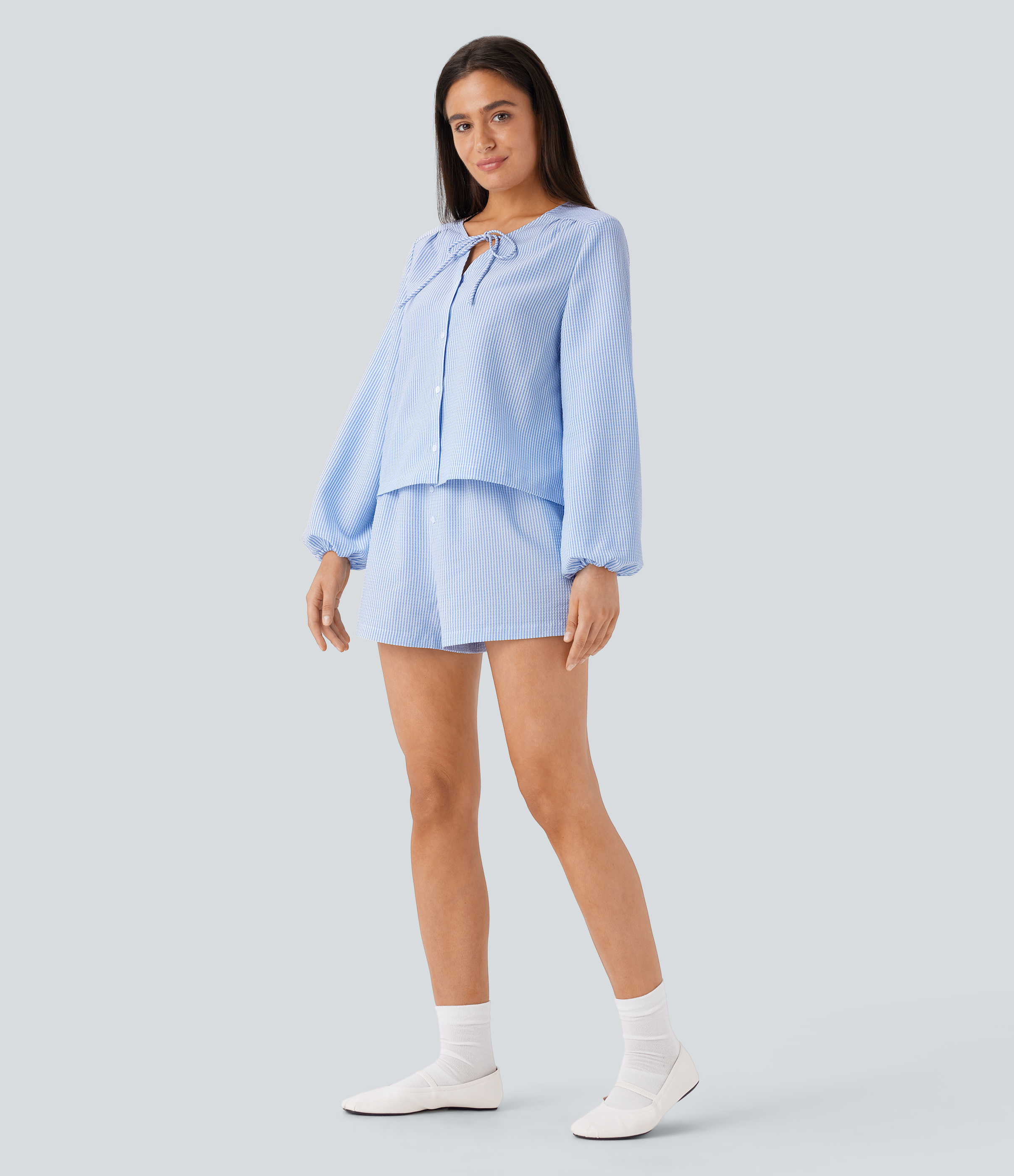 Halara Tie Neck Bishop Sleeve Button Stripe Lounge Blouse  - Azure White Stripe - M 