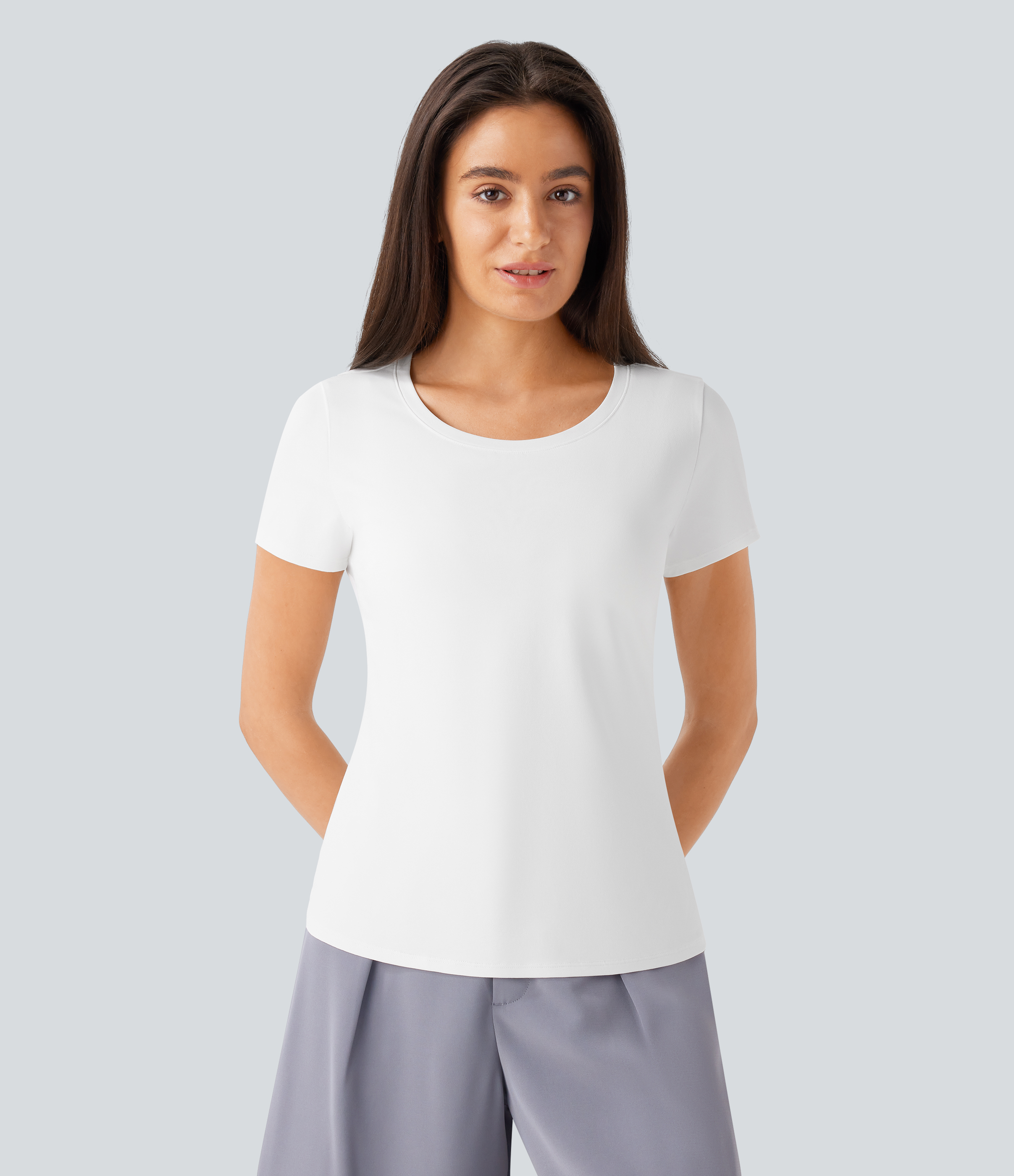 Halara Round Neck Short Sleeve Basic Work Top Tank Top - White - L golf tops halter top tunic tops sleeveless tops backless top 