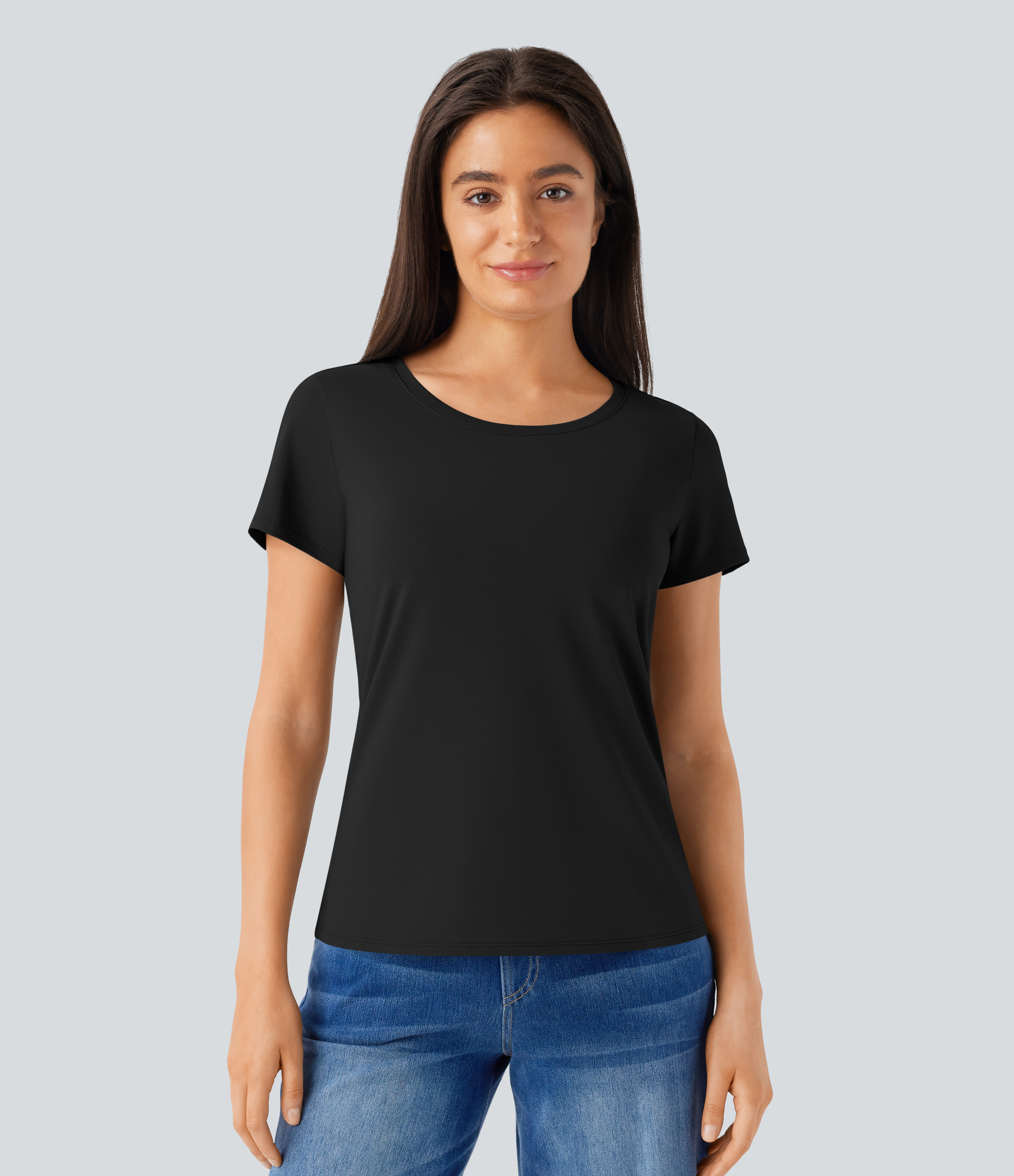 Halara Round Neck Short Sleeve Basic Work Top Tank Top - Black - L golf tops halter top tunic tops sleeveless tops backless top 