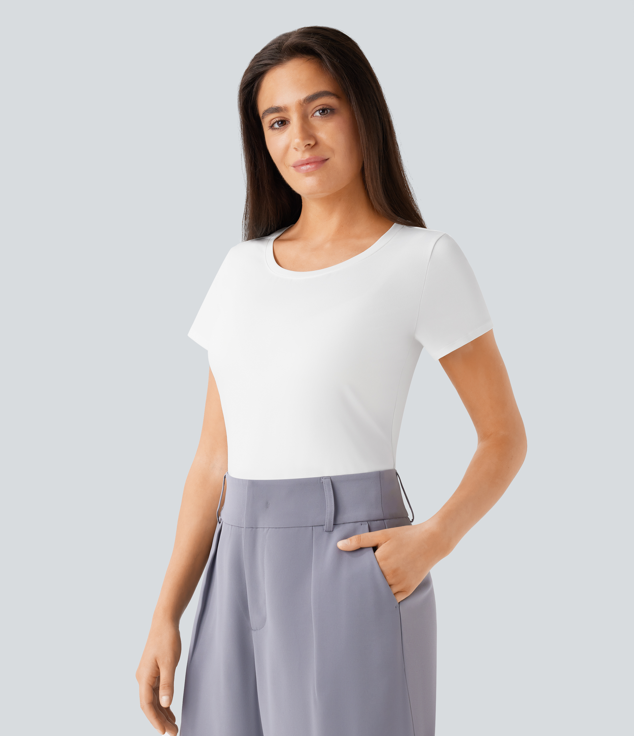 Halara Round Neck Short Sleeve Basic Work Top Tank Top - White - L golf tops halter top tunic tops sleeveless tops backless top 