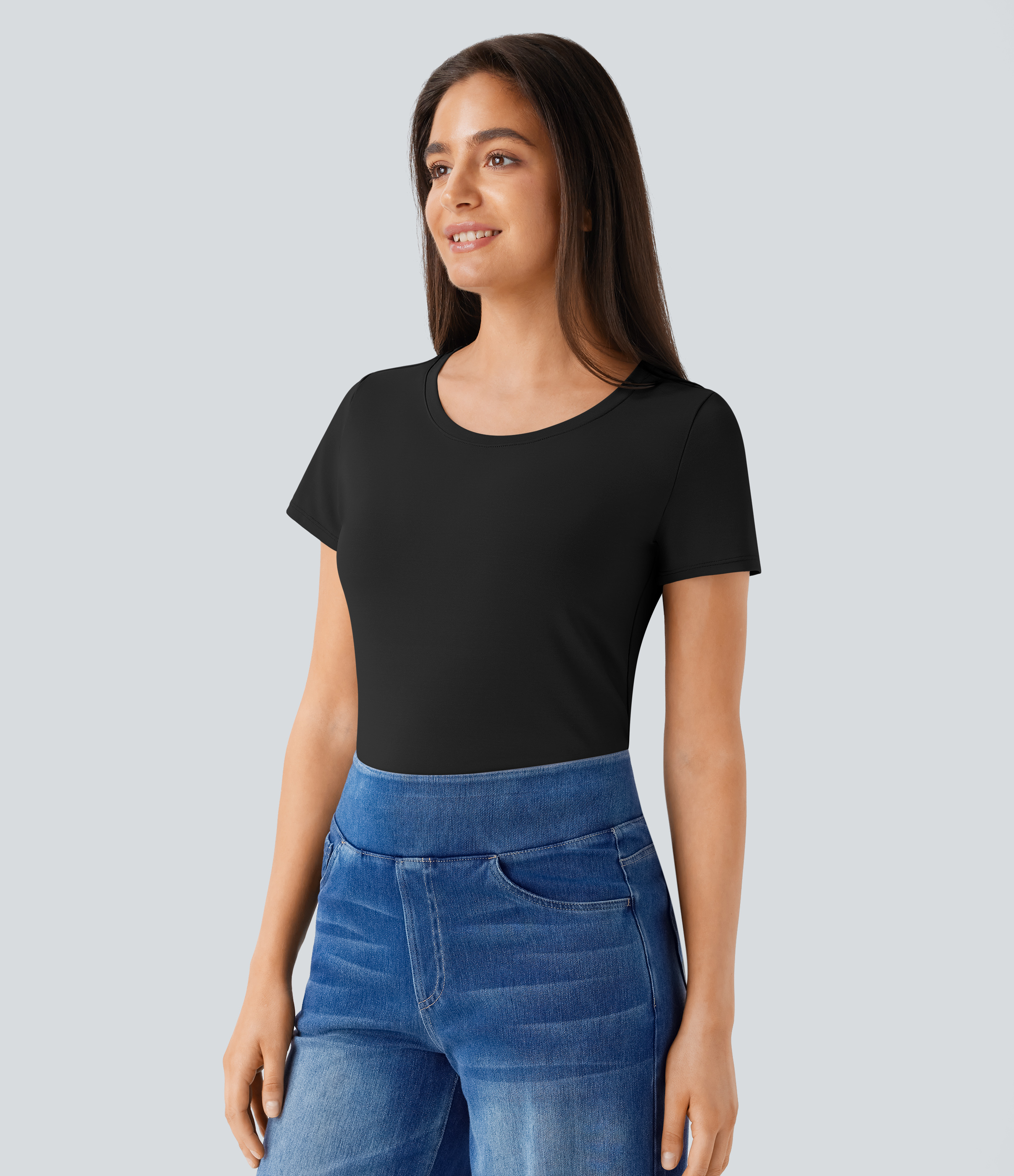 Halara Round Neck Short Sleeve Basic Work Top Tank Top - Black - L golf tops halter top tunic tops sleeveless tops backless top 