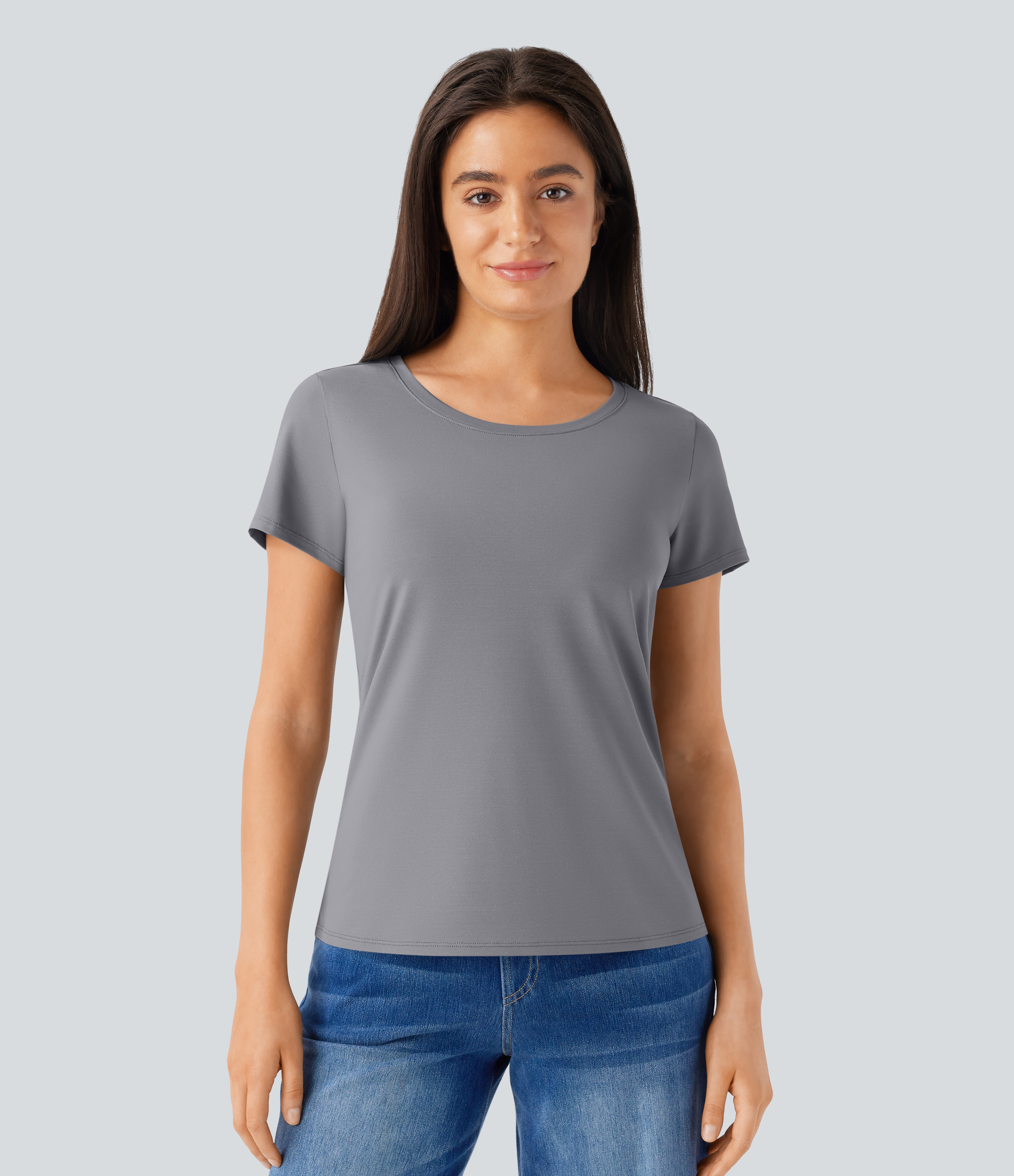 Halara Round Neck Short Sleeve Basic Work Top Tank Top - Ultimate Gray - XL golf tops halter top tunic tops sleeveless tops backless top 