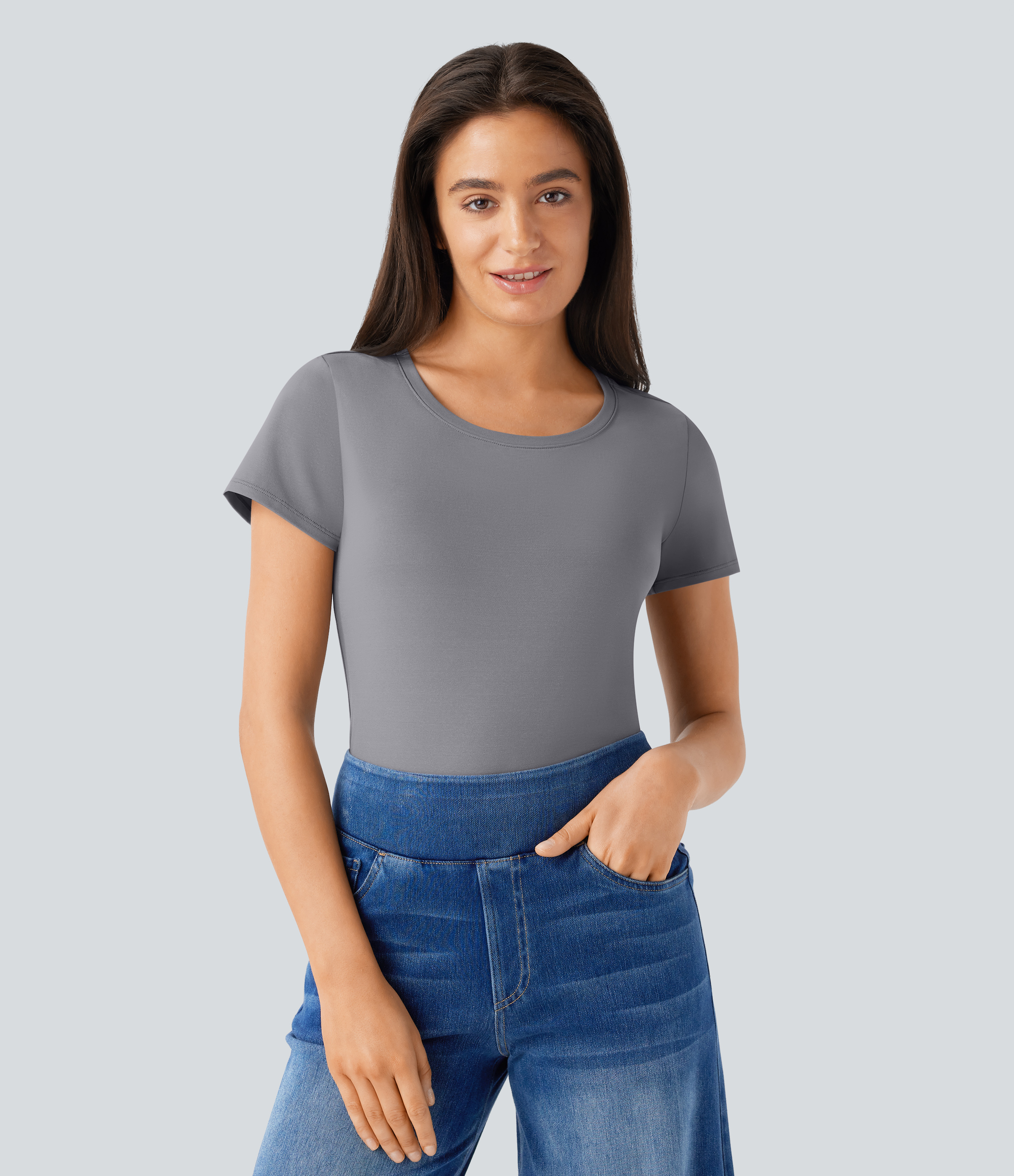 Halara Round Neck Short Sleeve Basic Work Top Tank Top - Ultimate Gray - XL golf tops halter top tunic tops sleeveless tops backless top 