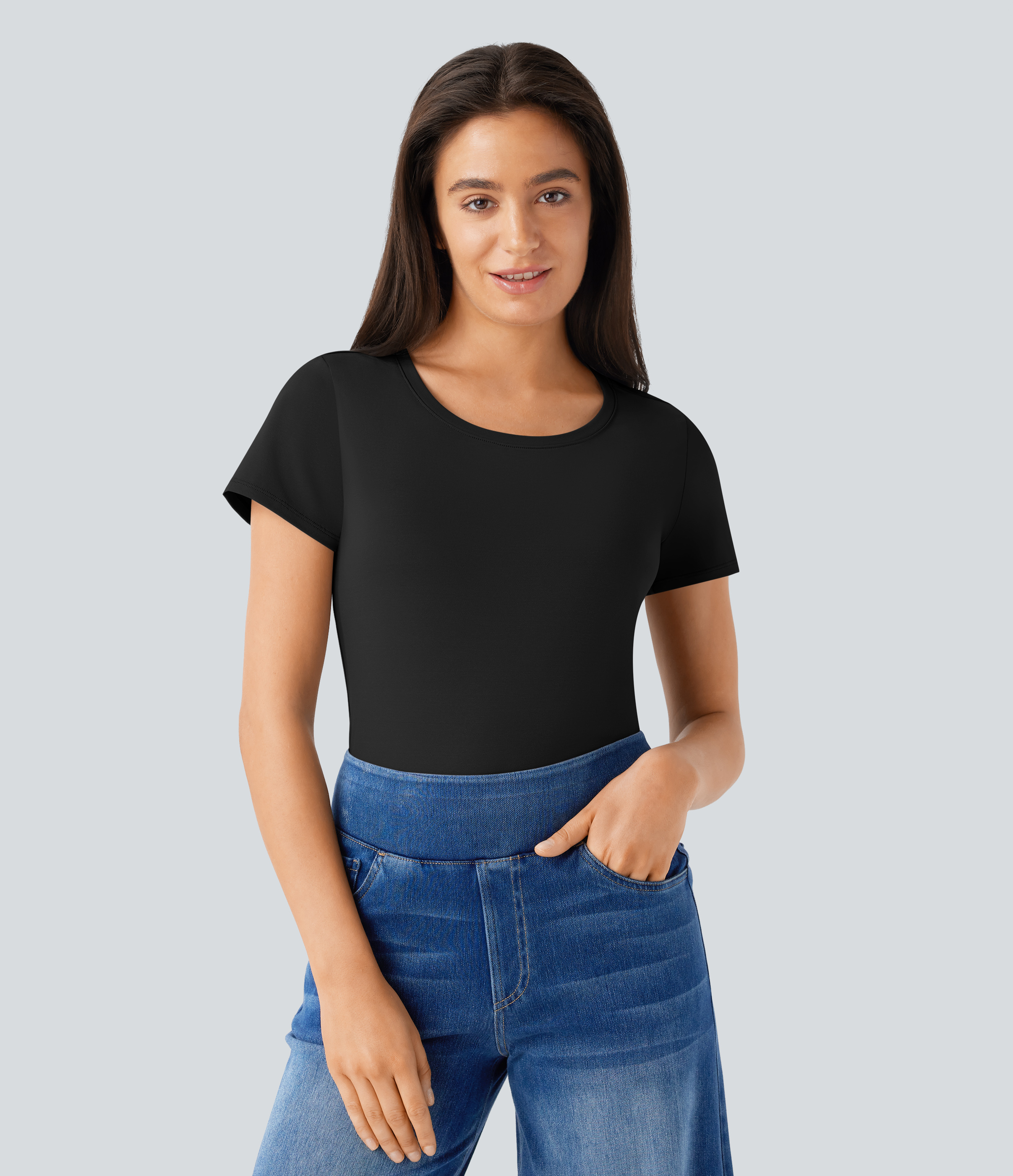 Halara Round Neck Short Sleeve Basic Work Top Tank Top - Black - L golf tops halter top tunic tops sleeveless tops backless top 
