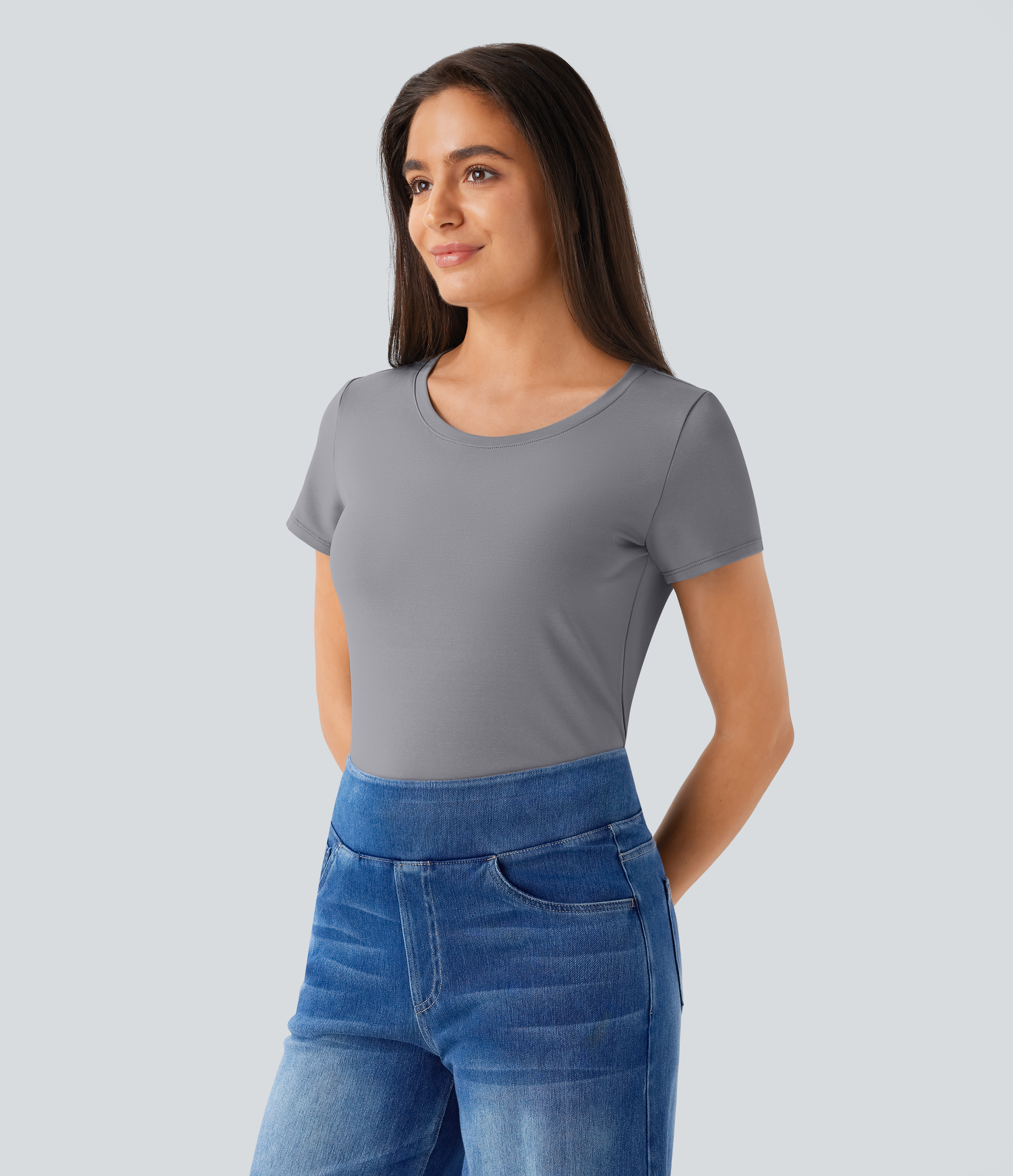 Halara Round Neck Short Sleeve Basic Work Top Tank Top - Ultimate Gray - XL golf tops halter top tunic tops sleeveless tops backless top 