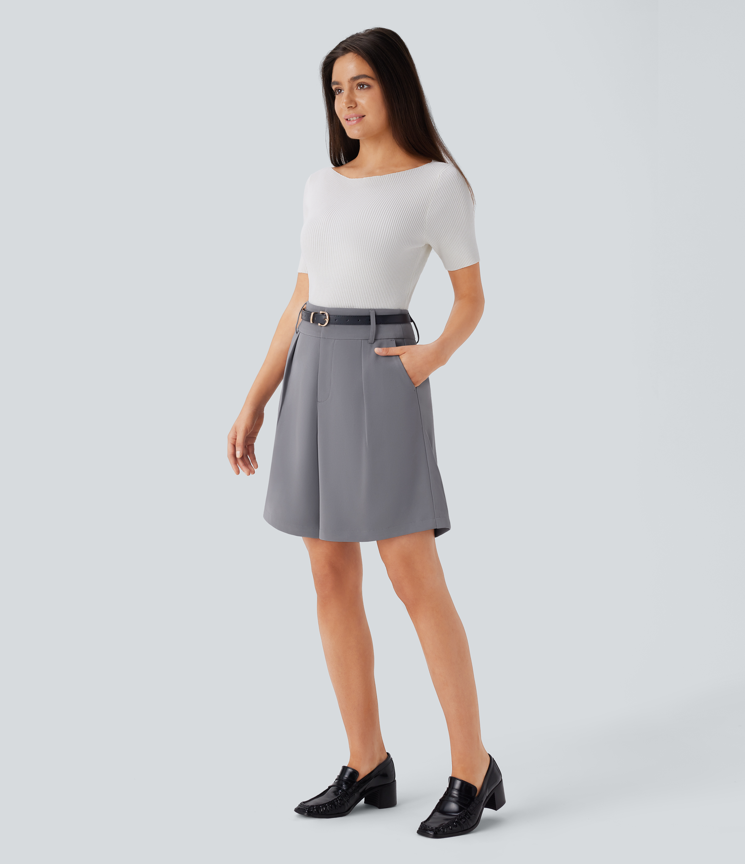 Halara High Waisted Side Pockets Work Bermuda Shorts  - Mockingbird - M booty shorts compression shorts yoga shorts 