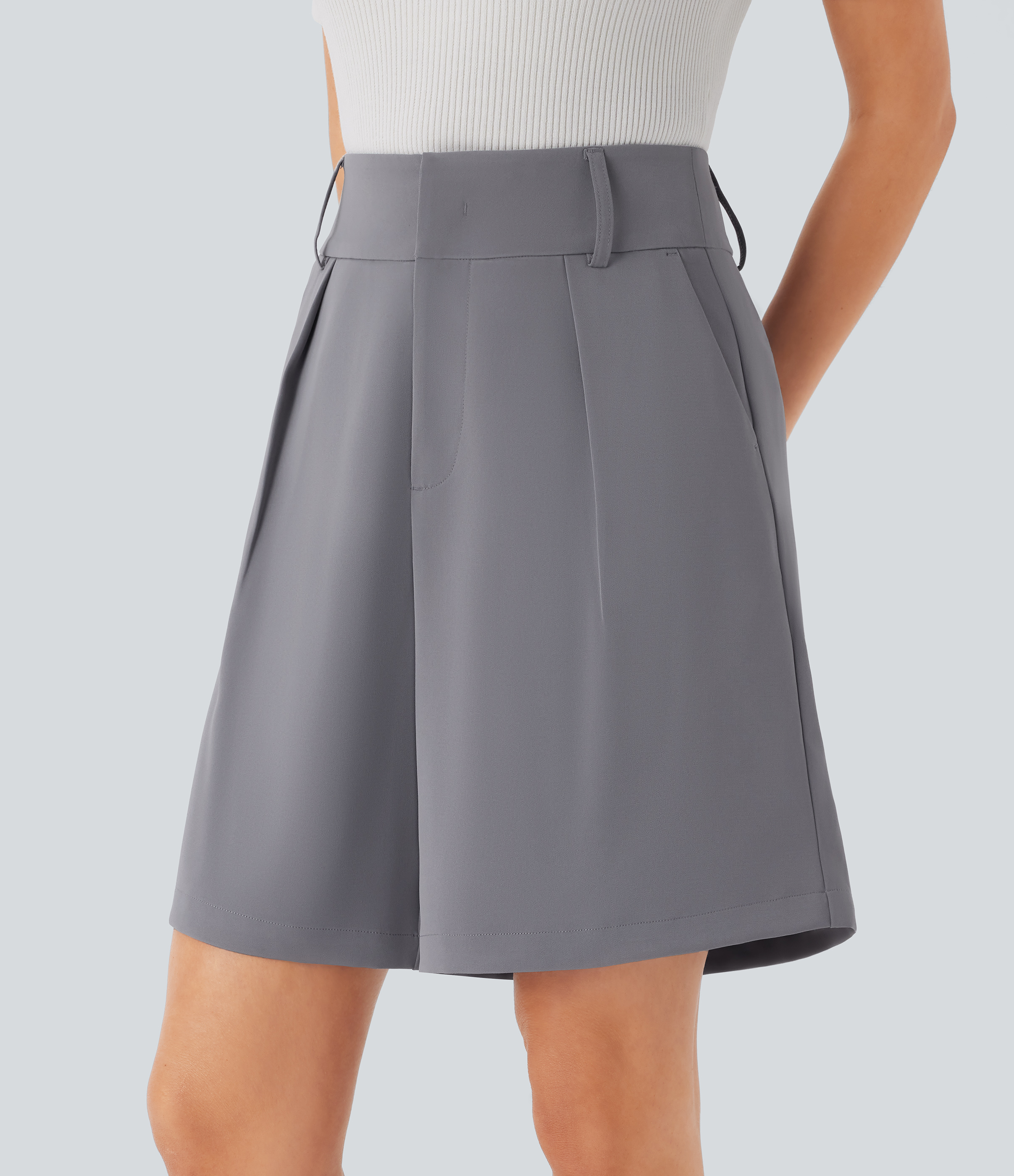 Halara High Waisted Side Pockets Work Bermuda Shorts  - Mockingbird - M booty shorts compression shorts yoga shorts 