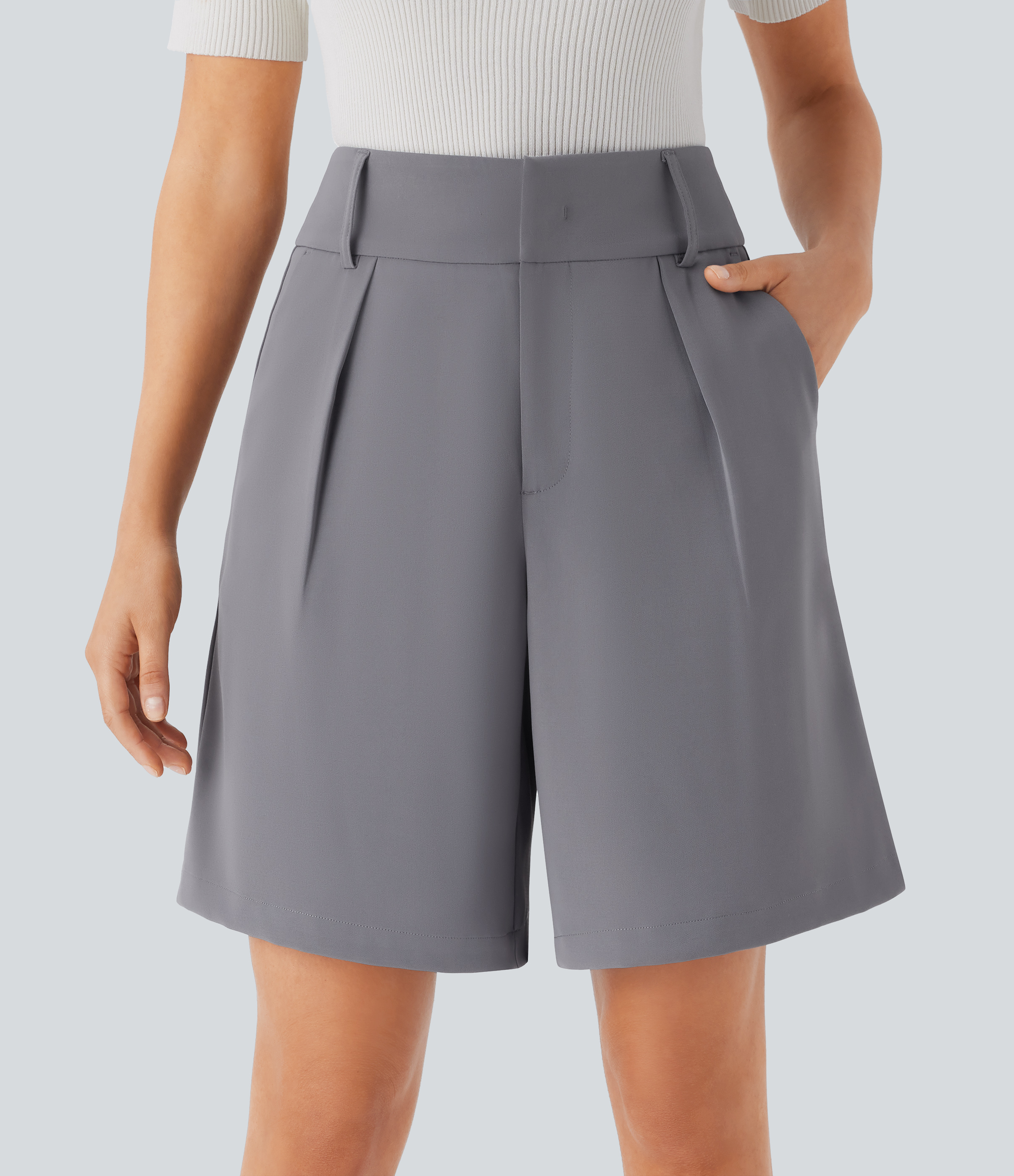 Halara High Waisted Side Pockets Work Bermuda Shorts  - Mockingbird - M booty shorts compression shorts yoga shorts 