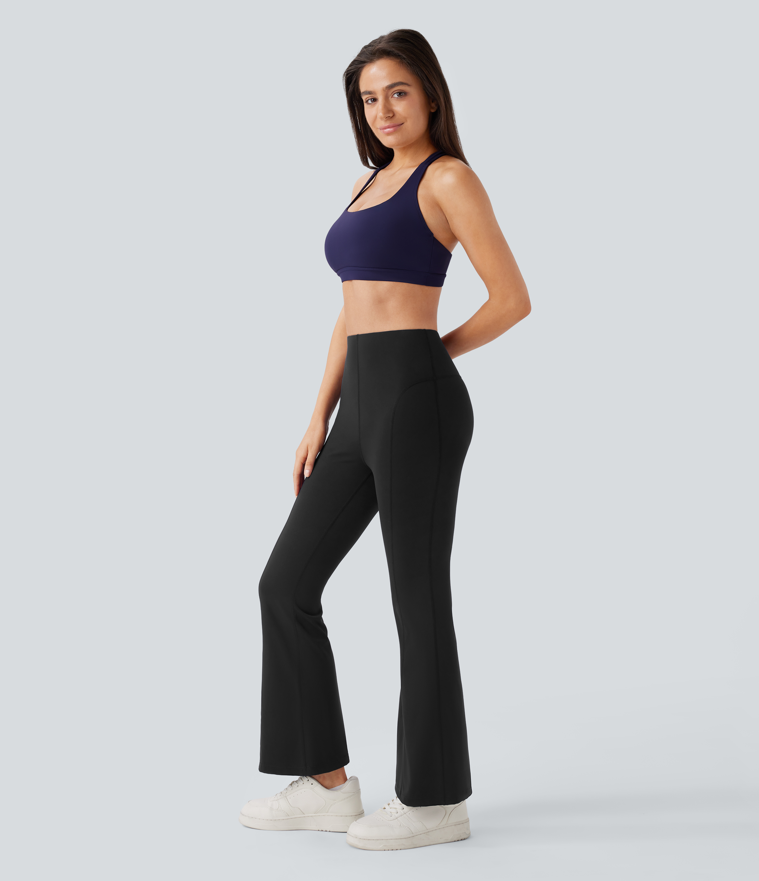 Halara High Waisted Back Pocket Slight Flare Yoga Leggings  - Black - L(regular) gym leggings leggings with pockets leggings with butt lift 