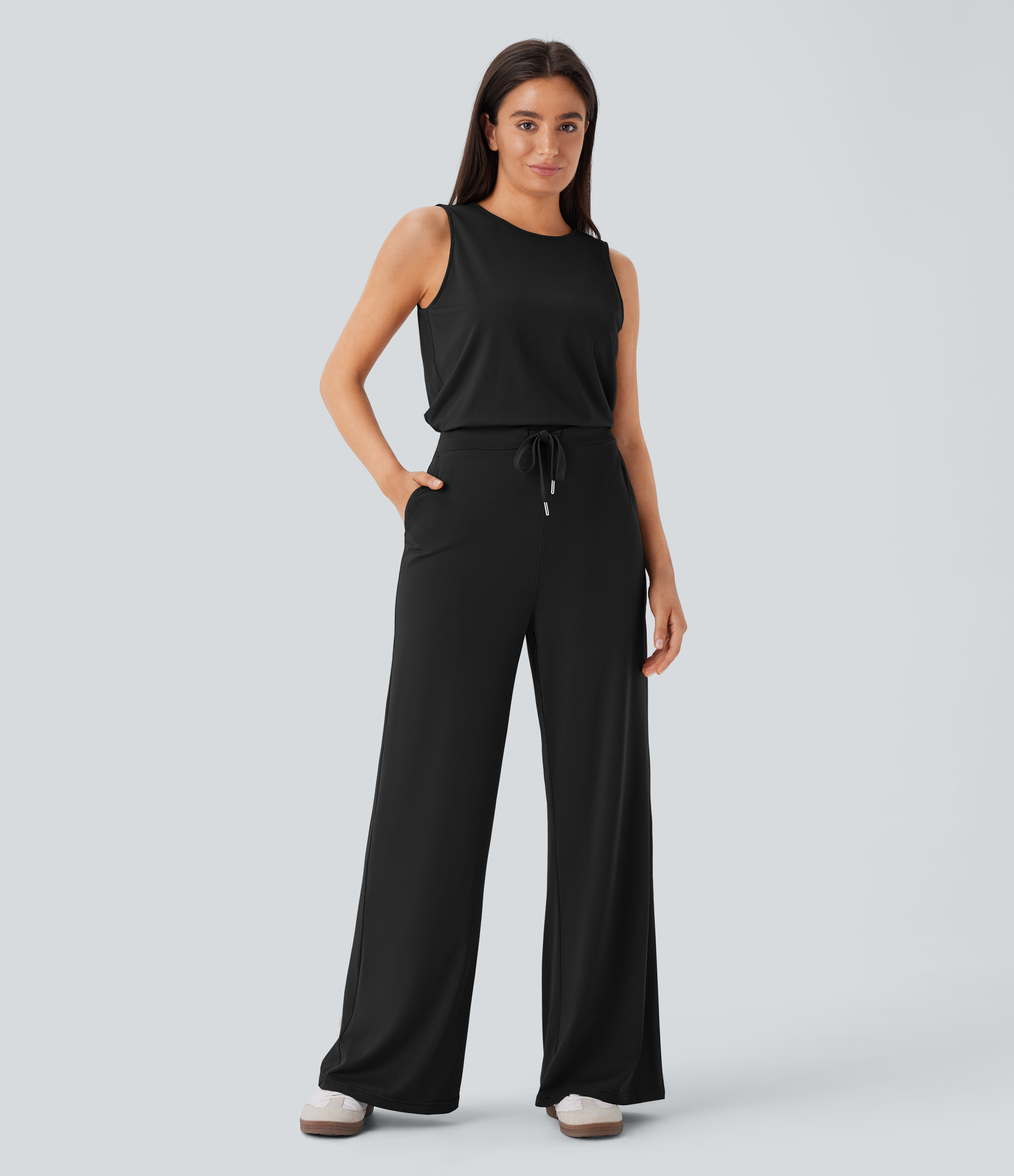 Round Neck Sleeveless Keyhole Back Drawstring Pocket Casual Jumpsuit