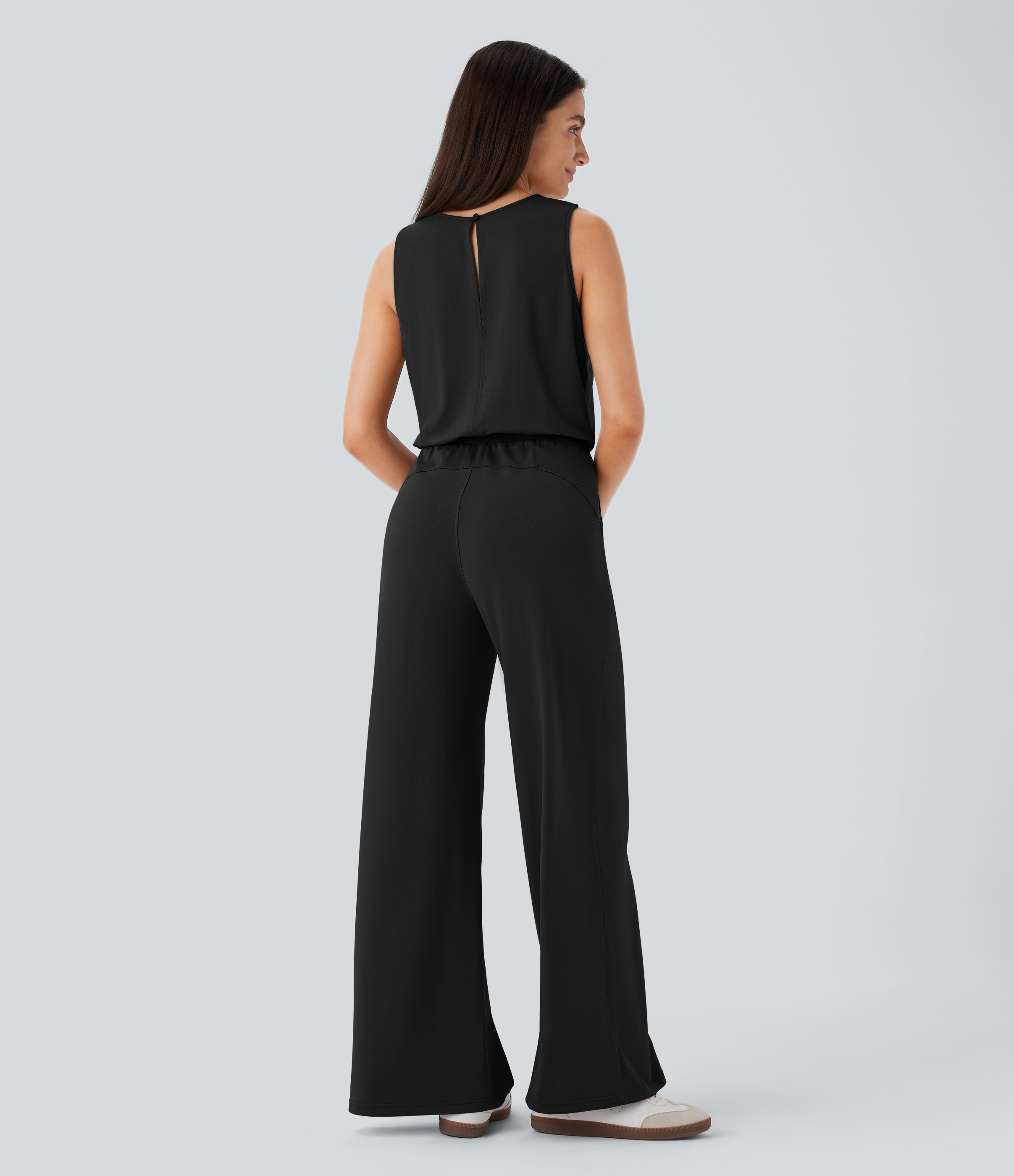 Black Round Neck Sleeveless Keyhole Back Drawstring Pocket Casual Jumpsuit / 2