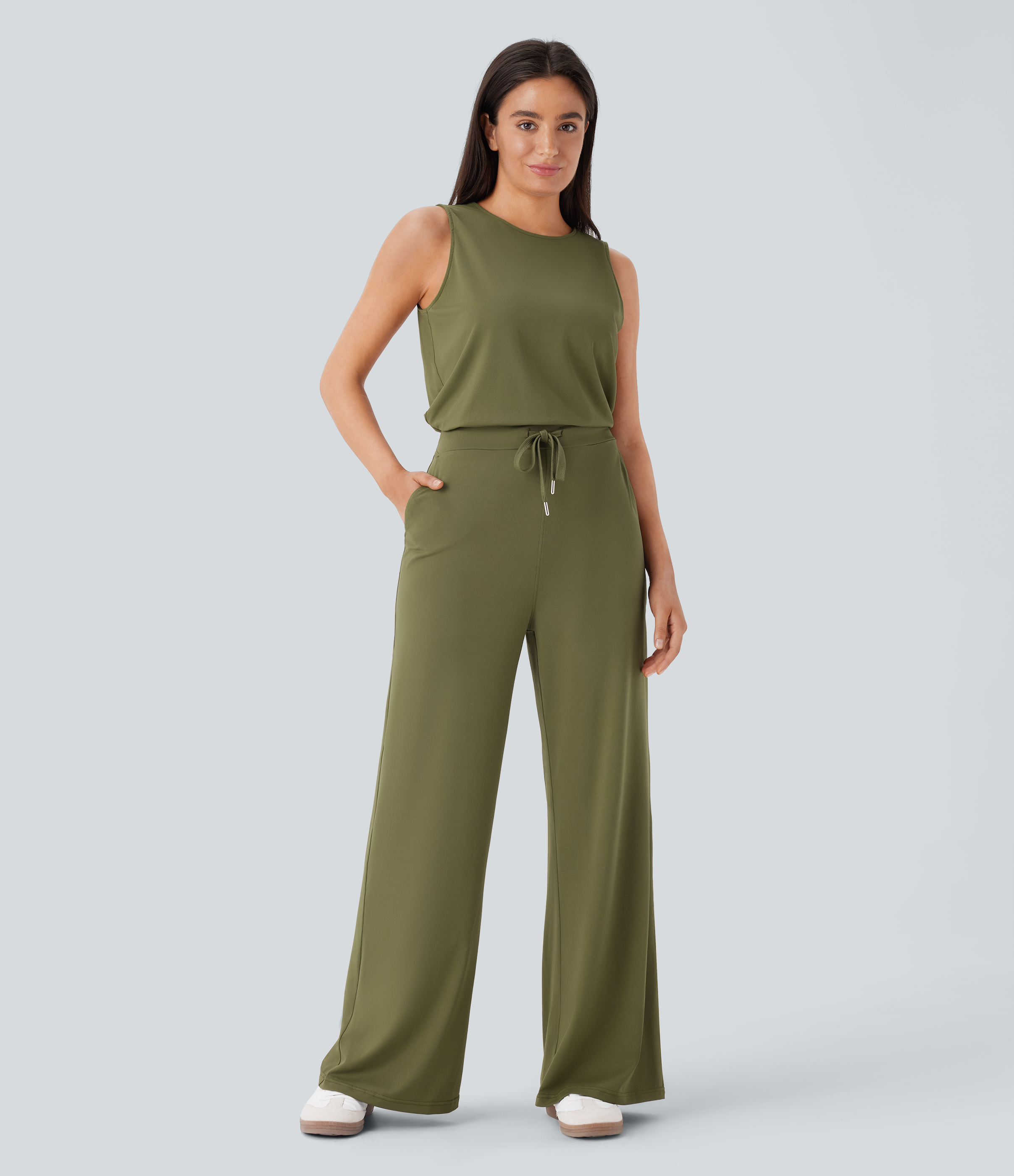 Round Neck Sleeveless Keyhole Back Drawstring Side Pocket Casual Jumpsuit